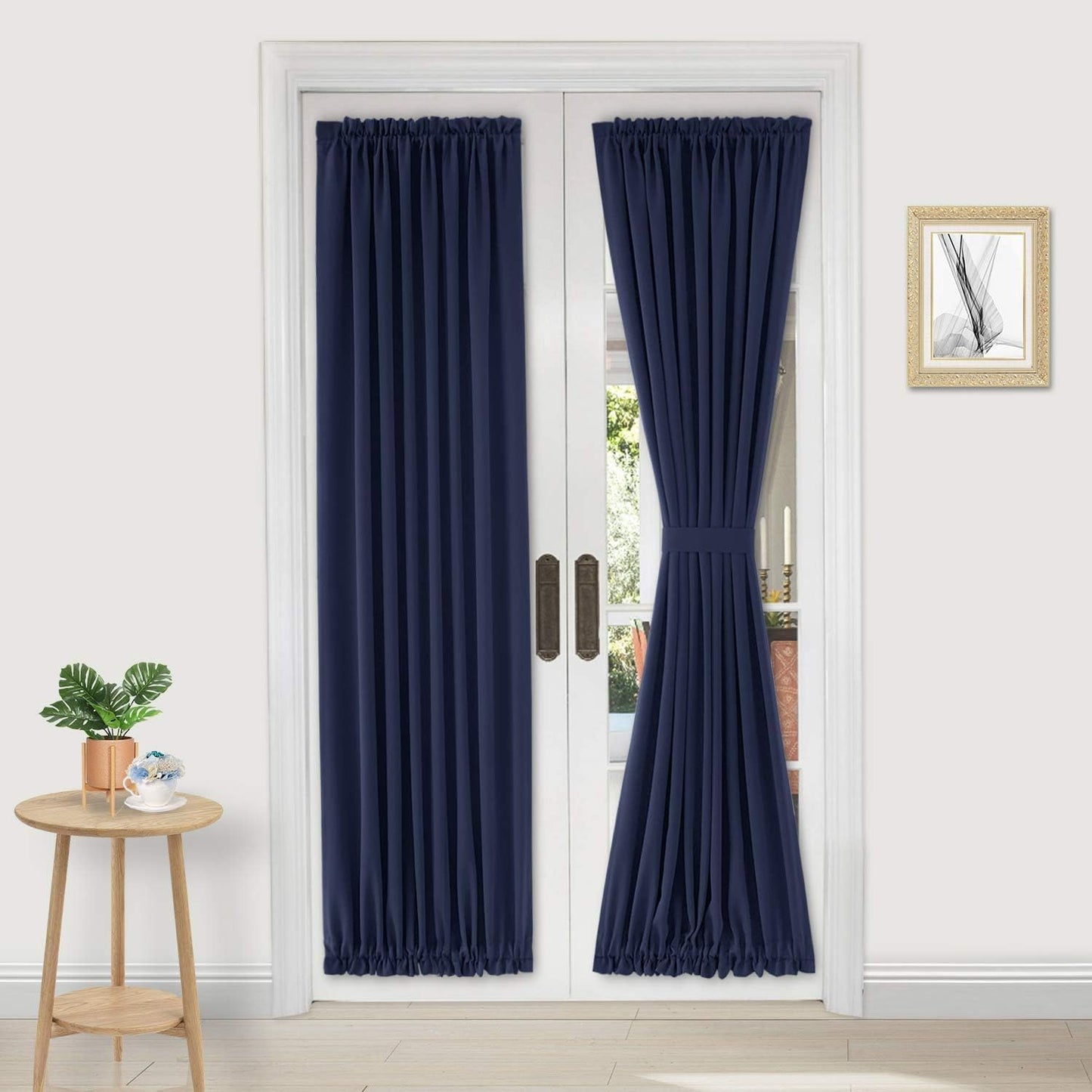 DWCN French Door Curtains – Rod Pocket Thermal Blackout Curtain for Doors with Glass Window, Kitchen and Patio Doors for Privacy, 25 X 80 Inches Long, 1 Curtain Panel with Tieback, Navy Blue