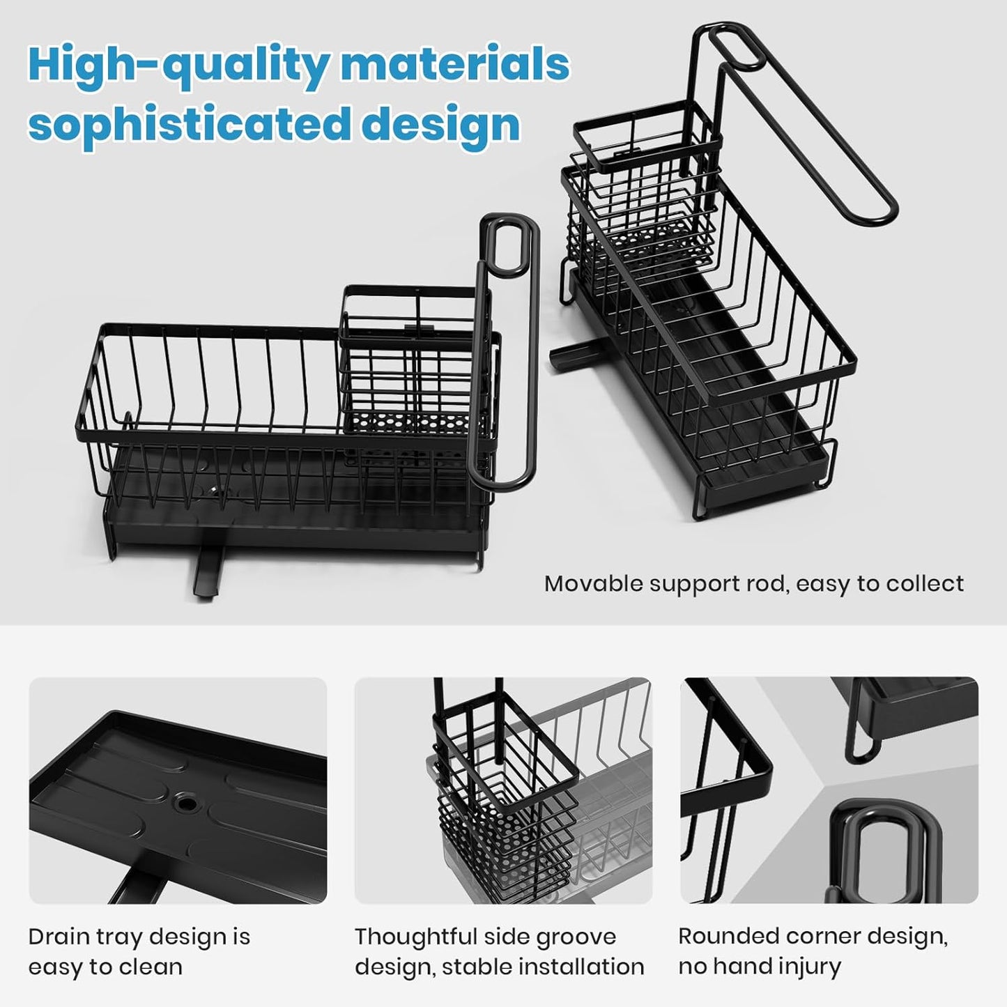Kitchen Sink Caddy, Sponge Holder with 360 Degree Rotating Drain, Carbon Steel Organizer with High Brush Holder Rustproof, Sink Caddy Organizer for Kitchen Gadgets and Decor