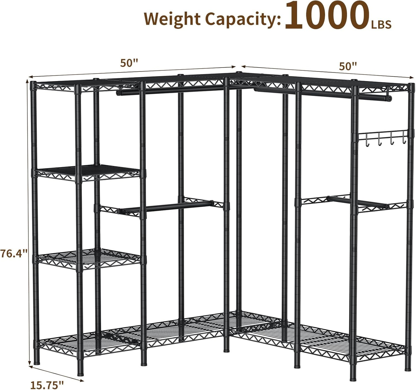 L Shaped Heavy Duty Metal Clothes Rack for Hanging Clothes,Freestanding Garment Rack Closet Wardrobe Rack Clothing Rack with 4 Hanging Rods & 1 Side Hook,50"Lx 50"Wx 76.4"H,Max Load 1100LBS