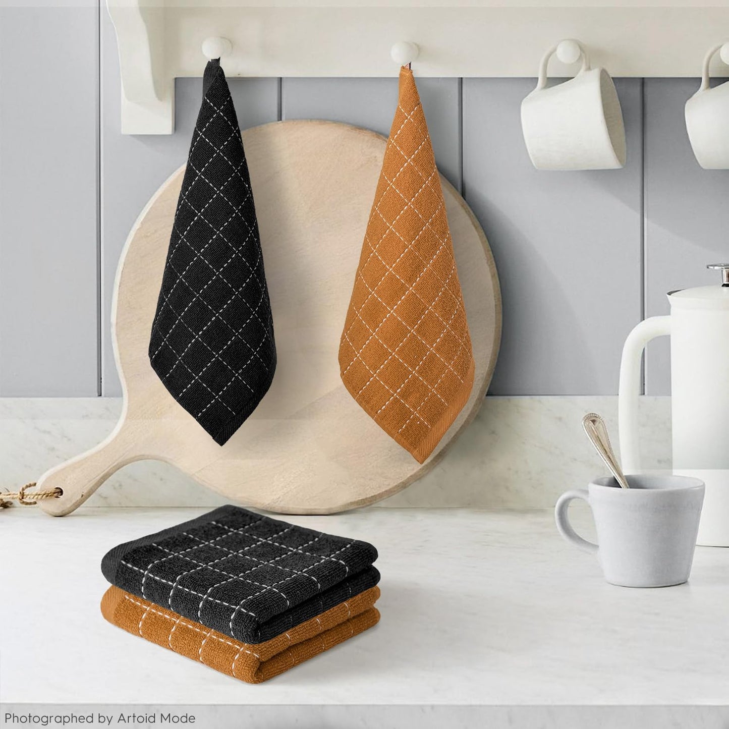 Artoid Mode Checkered Designed Cotton Black Caramel Terry Kitchen Dish Cloths, 12x12 Inch Soft Absorbent Quick Drying Cleaning Kitchen Rags Set of 6