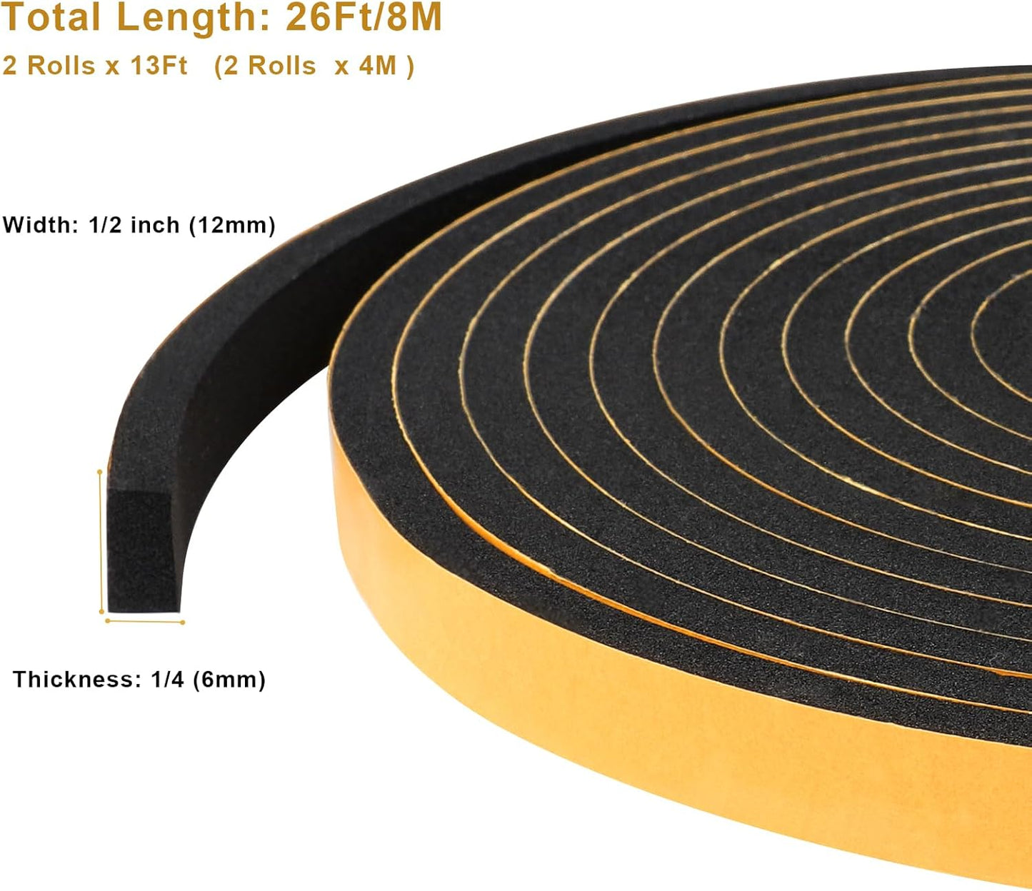 Weather Stripping 1/2 in x 1/4 in, High Density Foam Insulation Tapes, Weatherproof Seal Strips, Soundproof Weatherstrip for Door Window, 2 Rolls Total 26Ft