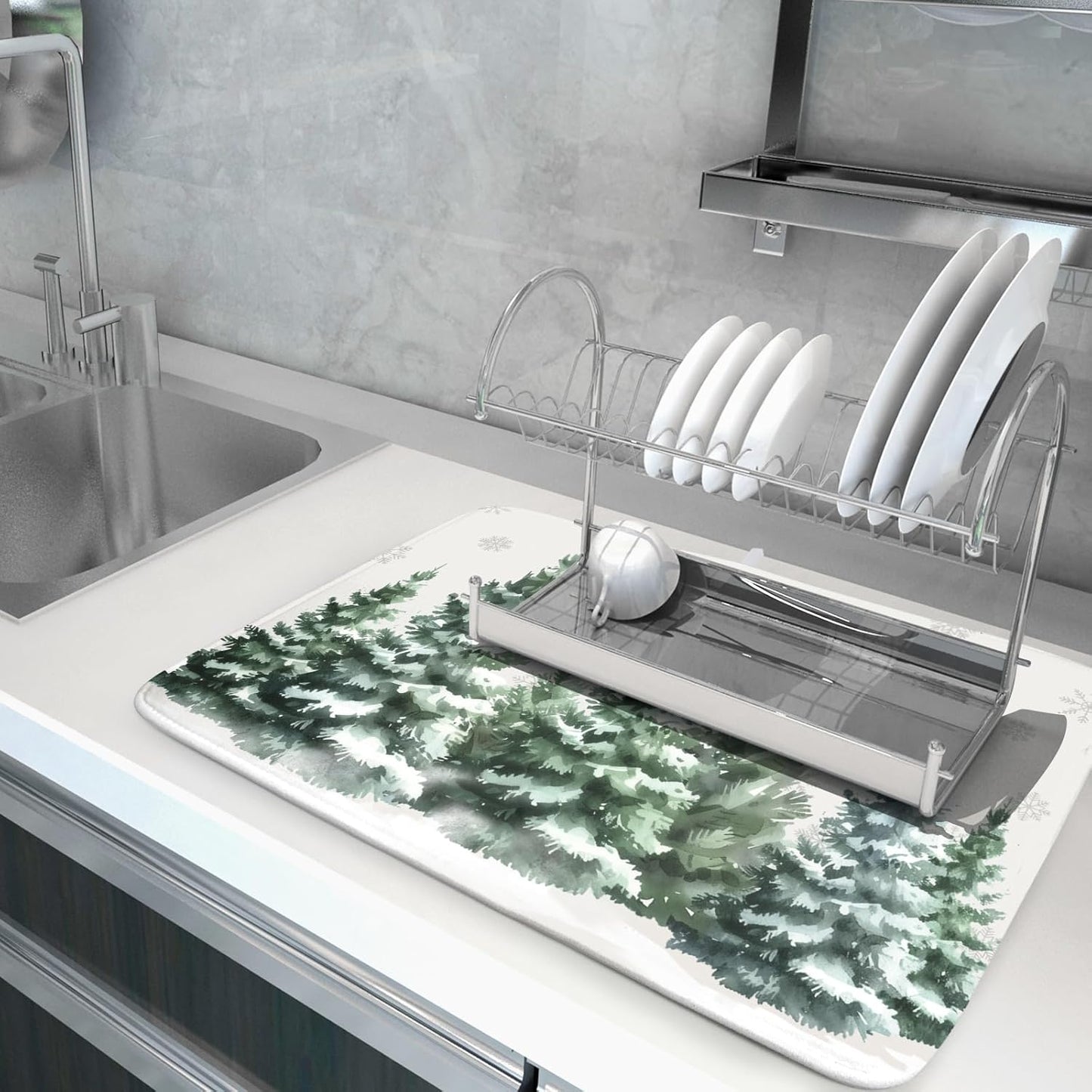 Christmas Pine Tree Dish Drying Mat for Kitchen Counter 18x24 Inch Winter Decorative Dishes Mats Winter Absorbent Reversible Kitchen Drainer Pad Christmas Decorations Fast Dry Tableware Dishes Pad