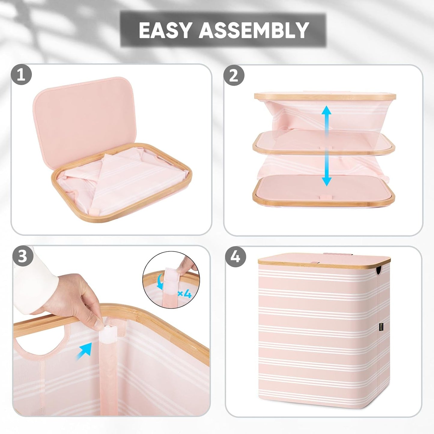 BALEINE Laundry Hamper with Lid, Tall Laundry Baskets with Bamboo Pull Handles, Large Laundry Bin with Internal Support (36 Gal/140L, Pink Pinstripe)