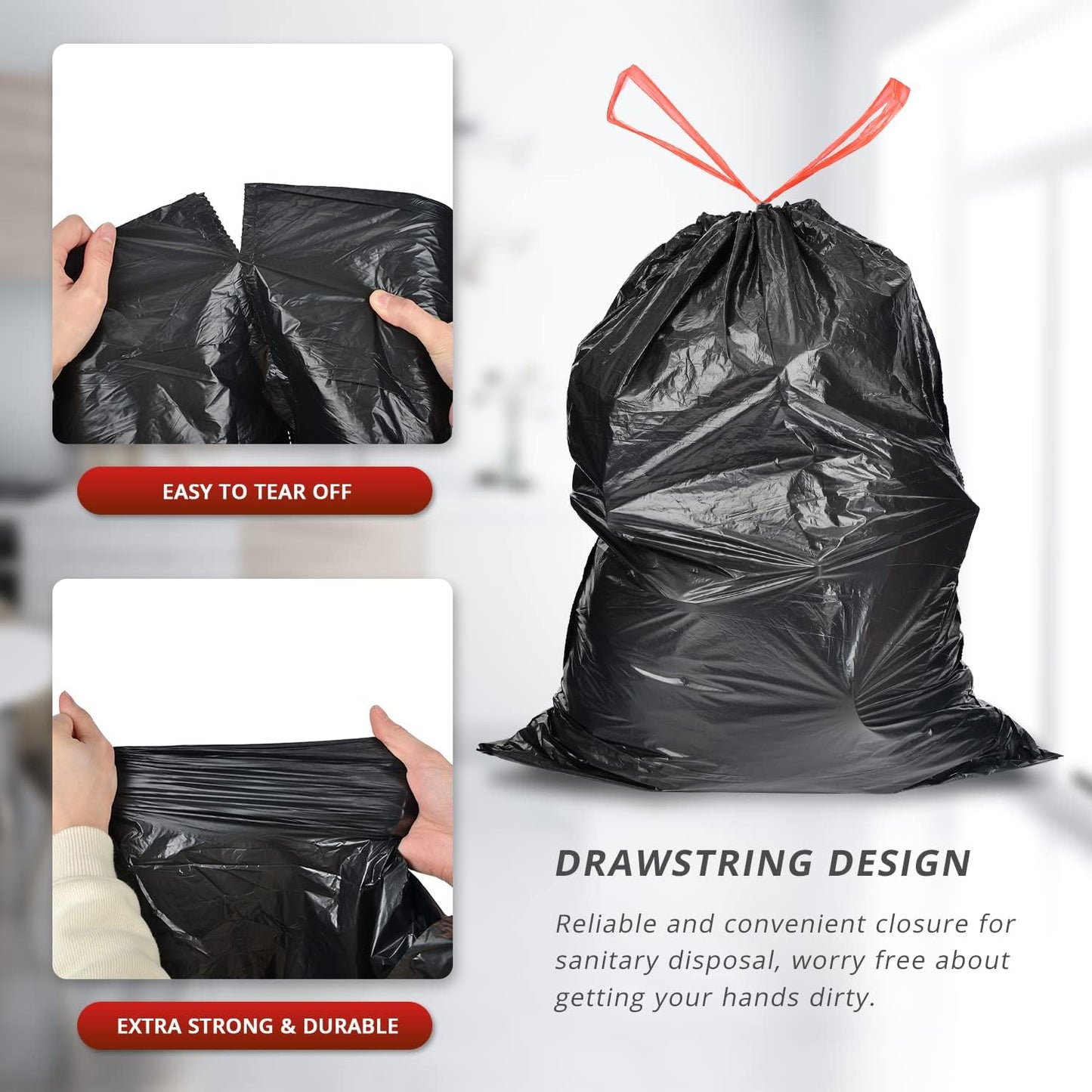 Ultra Strong 15 Gallon Drawstring Trash Bags (102 Count) Large Heavy Duty Thicken Plastic Tall Kitchen Garbage Bags Black for Kitchen Office Lawn Yard