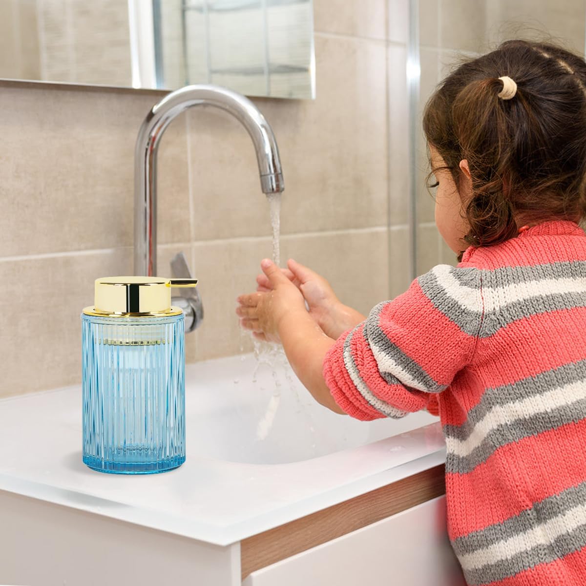 Blue Foaming Soap Dispenser, 12 Oz Glass Foaming Hand Soap Dispenser with Gold Pump, Bathroom Refillable Liquid Lotion Container Pump Ribbed Bottle for Kitchen Bathroom Decor, 1pc