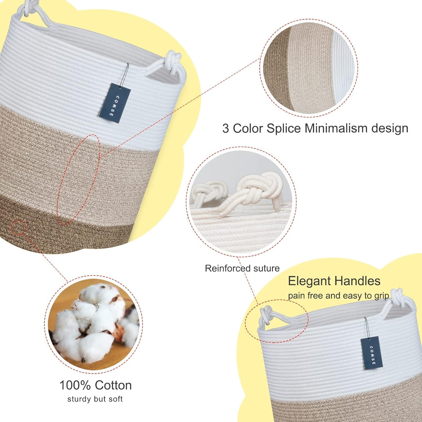 COMSE Extra Large Blanket Basket, Tall Woven Storage Basket, Nursery Hamper, 15.7”x 21.7”, Cotton Rope Laundry Hamper for Toys Clothes Towels, White/Gradient Brown