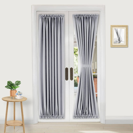 DWCN French Door Curtains – Rod Pocket Thermal Blackout Curtain for Doors with Glass Window, Kitchen and Patio Doors for Privacy, 36 X 72 Inches Long, 1 Curtain Panel with Tieback,Silver Grey