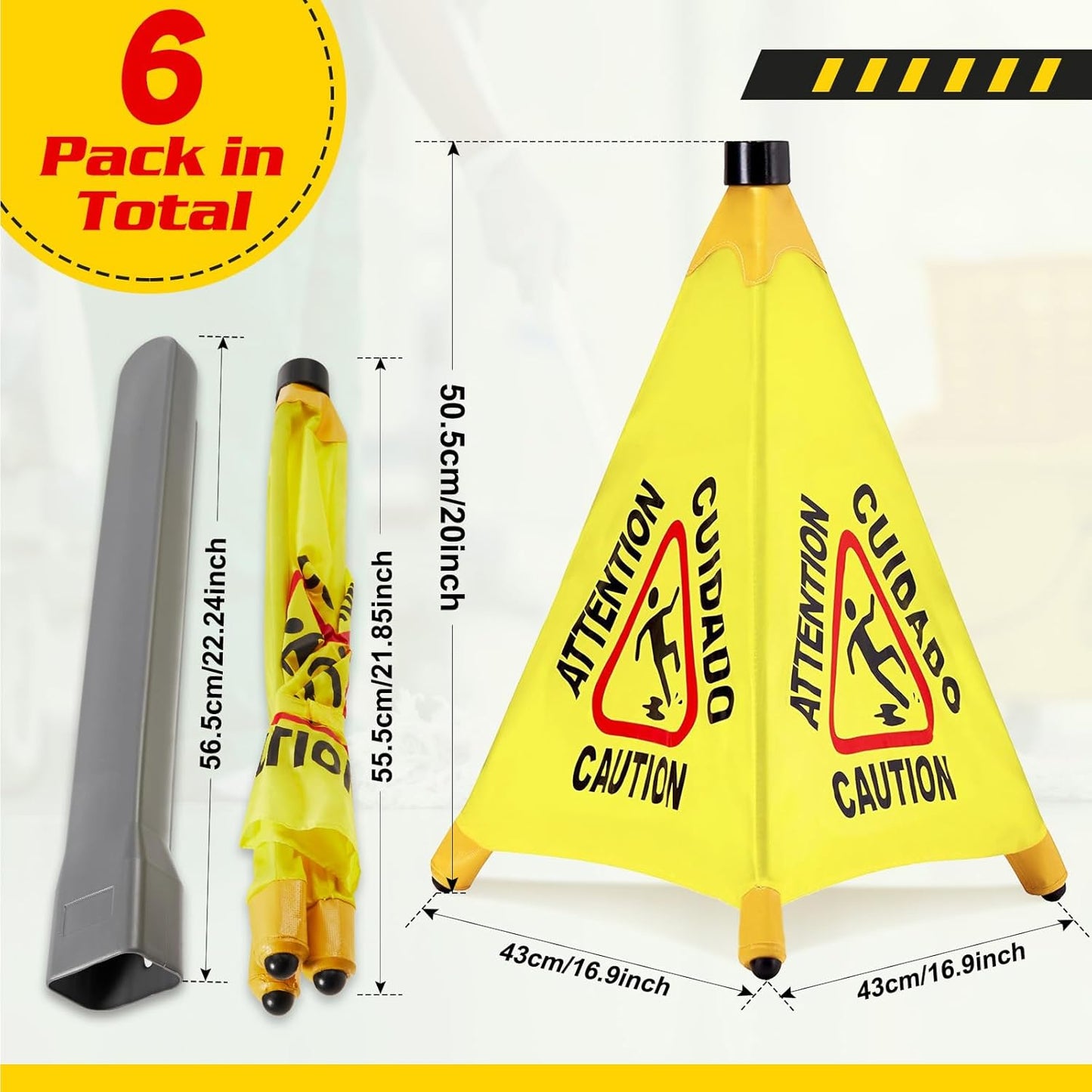 6 Pcs Pop up Wet Floor Sign with Storage Tube 20 Inch Wet Safety Signs Commercial Caution Safety Cone Pop up Caution Sign for Commercial Stores Grocery Restaurant Restroom Office Use