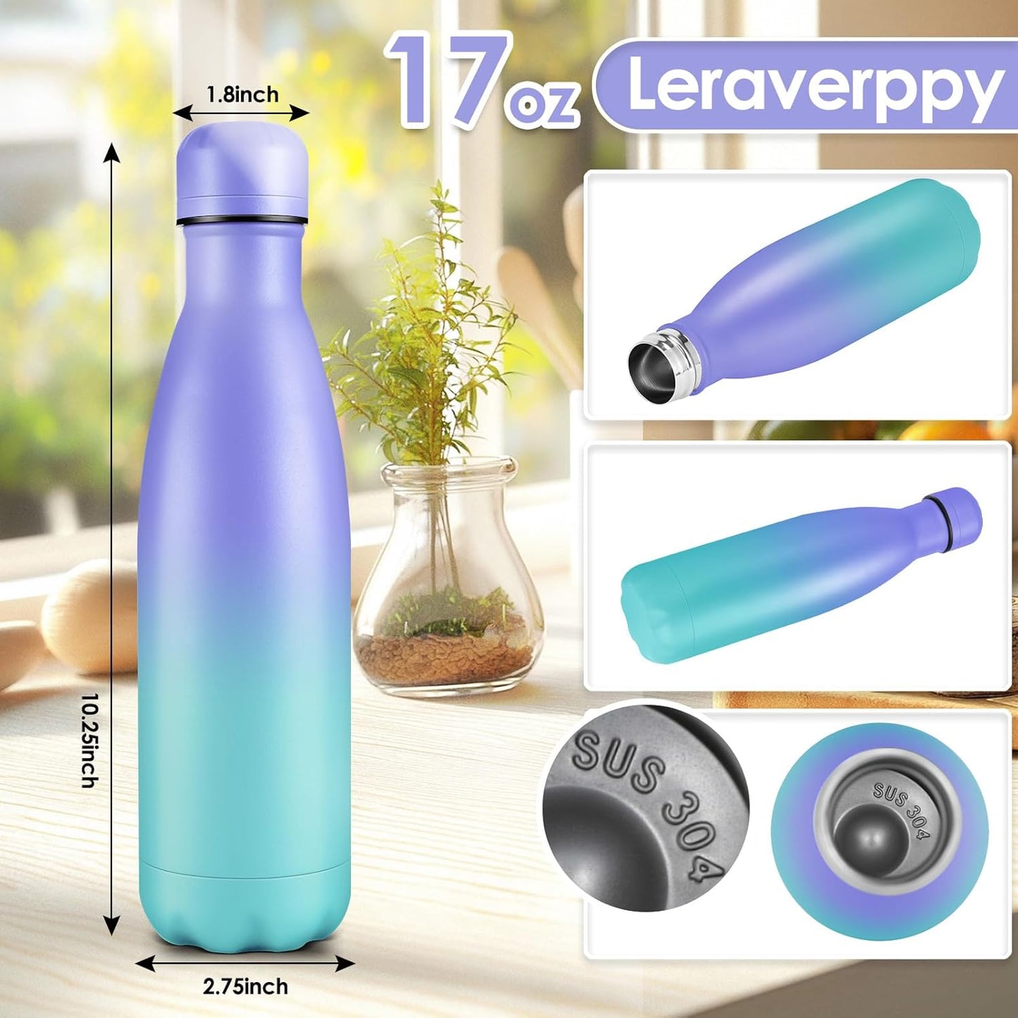 17oz Cola-Bottle Shaped Stainless Steel Leak-proof Water Bottle,Double Wall Vacuum Insulated Metal,Travel Mug For Sports Indoors & Outdoors,BPA-Free Kids Flasks,Purple Blue(4Pack)