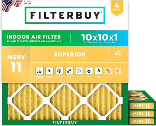 Filterbuy 10x10x1 Air Filter MERV 11 (MPR 1200) Allergen Defense Replacement (4-Pack), Electrostatic Pleated HVAC AC Furnace Filters, Made in USA (Actual Size: 9.50 x 9.50 x 0.75)
