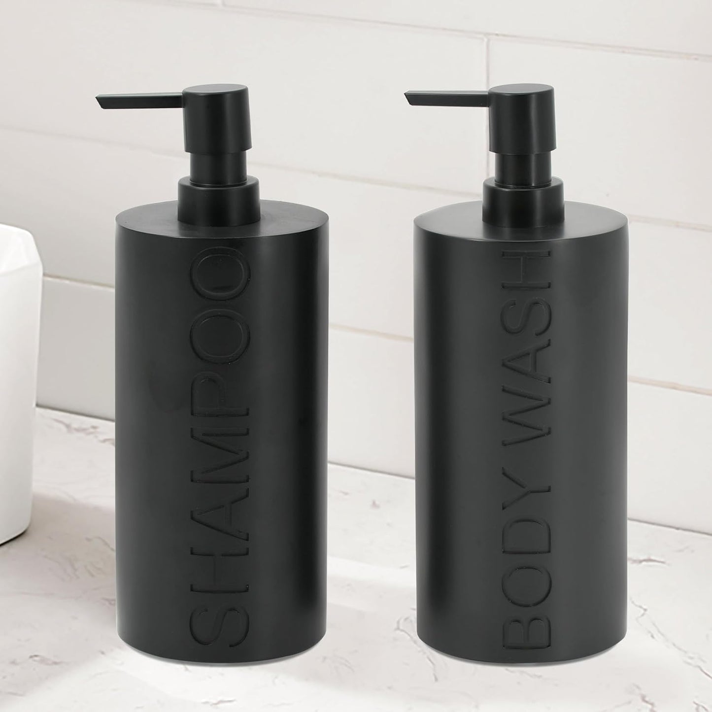 Matte Black Resin 2 Piece Shampoo and Body Wash Dispenser Set, Luxurious Refillable Pump Bottles with Matte Pump Top and Embossed Text, Durable Design for Bathroom and Shower