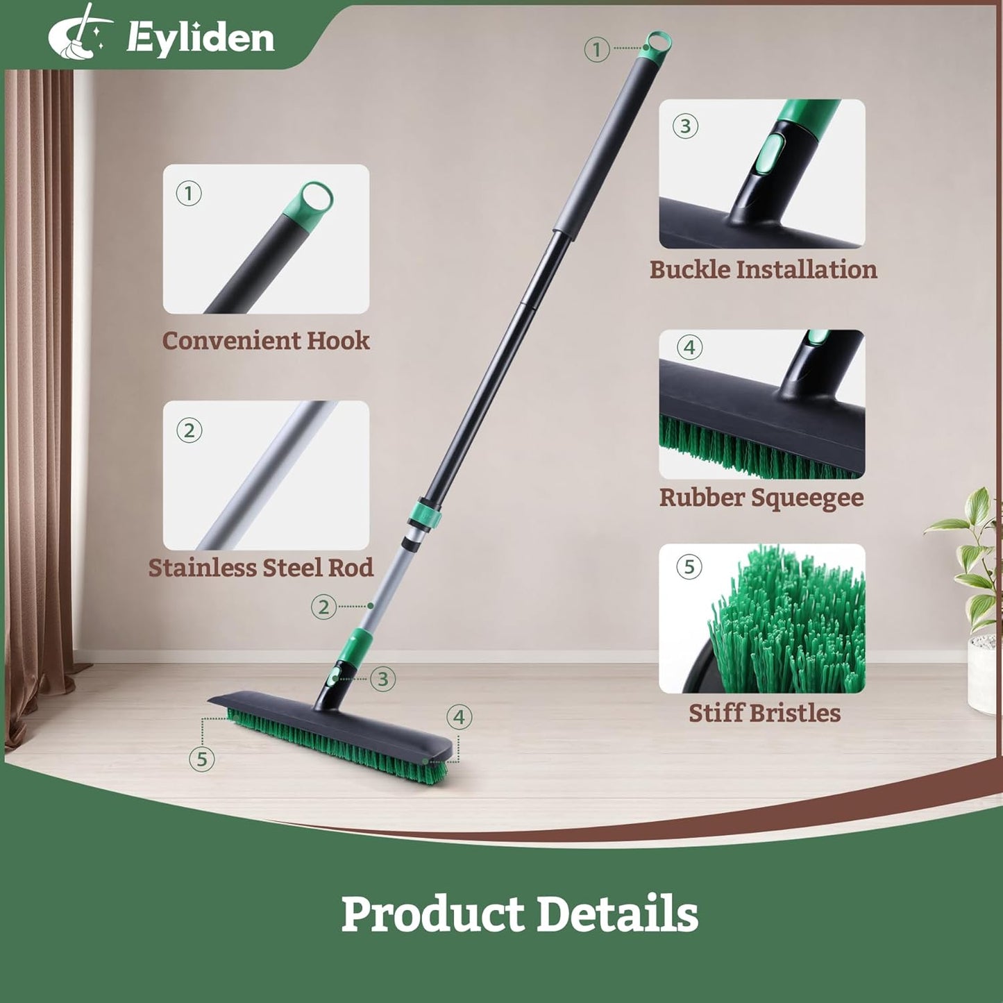 Eyliden X-Large Floor Scrub Brush, 2 in 1 Scrape Brushes with Rubber Squeegee | 55.3" Long Handle, 15" Wide Stiff Bristle Head | Floor Scrubber for Deck Kitchen Shower Bathroom Tub Tile Patio Wall