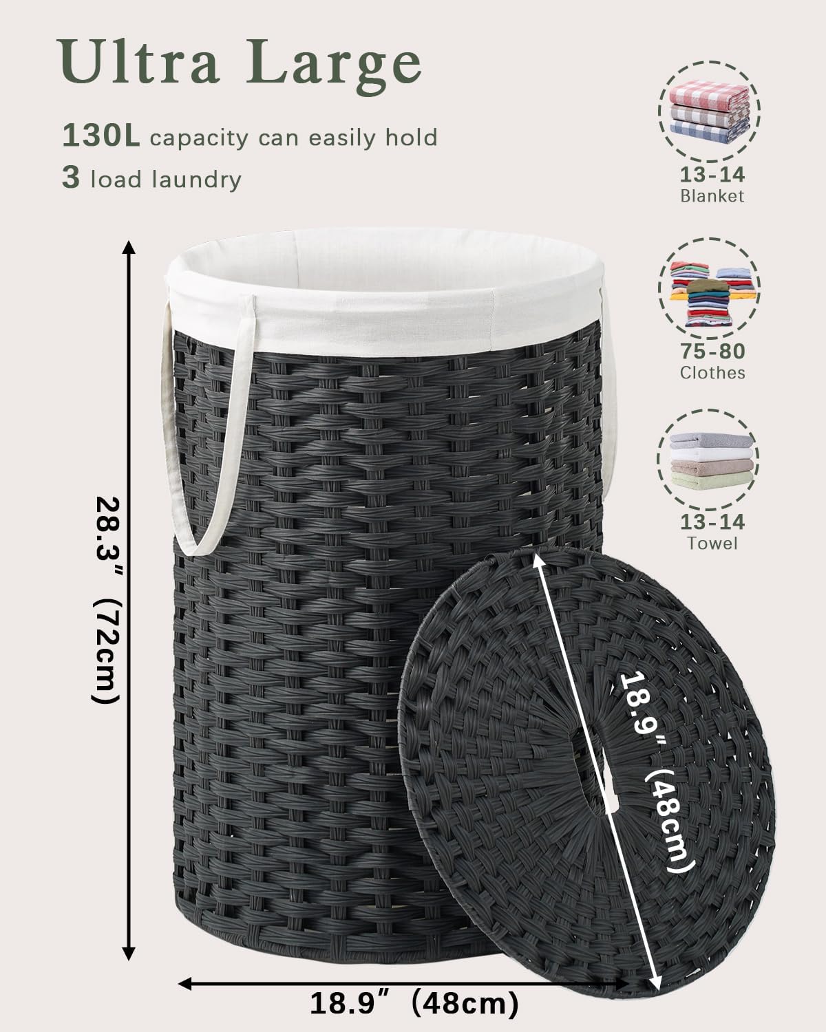 Large Laundry Hamper Laundry Basket Round 34.3 Gal (130 L) Handwoven Wicker Laundry Baskets Rattan Laundry Basket with Laundry Bag Handles 2 Mesh Bags for Living Room Bedroom Black