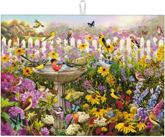 Spring Colorful Birds flowers butterfly Absorbent Microfiber Xl Dish Drying Mat For Kitchen Countertop Extra Large Reversible Drainer Rack Pad 18 X 24 Inch