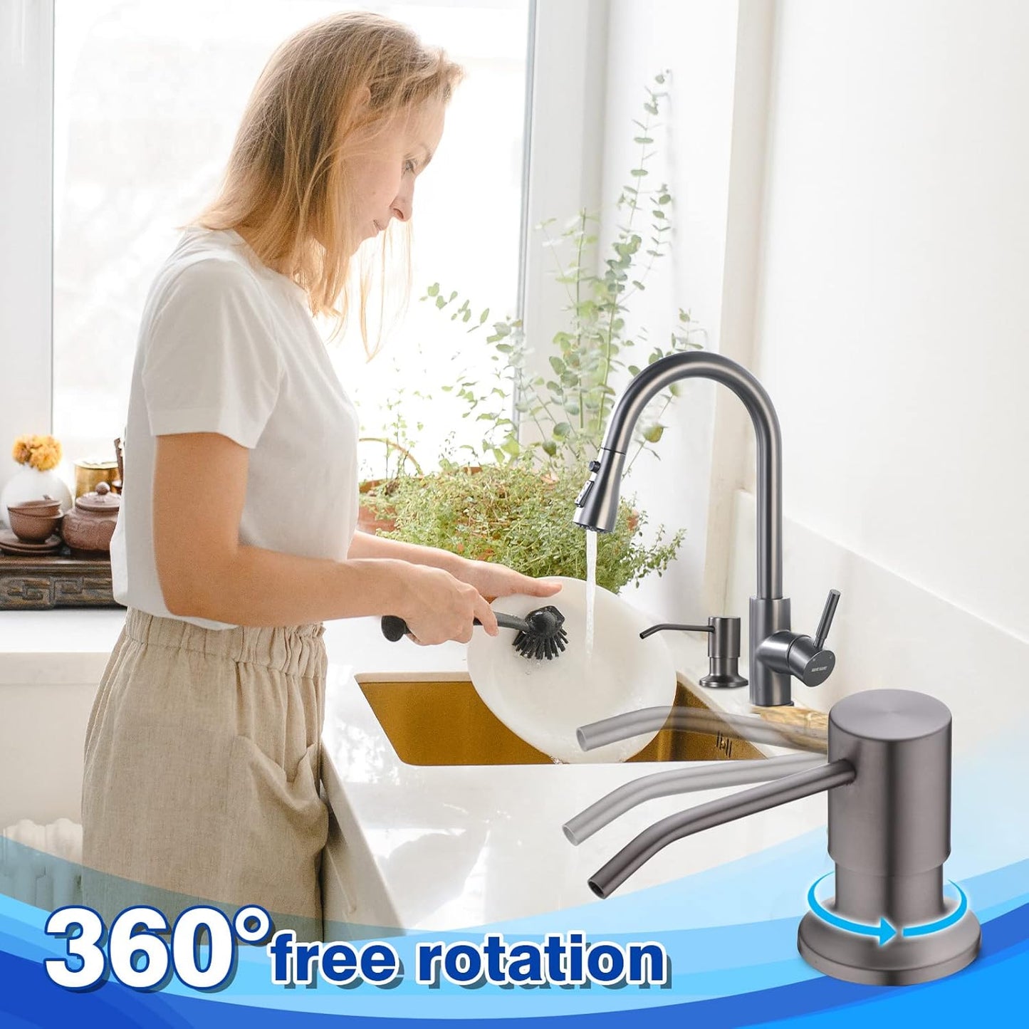 WEWE in Counter Soap Dispenser for Sink, Kitchen Faucet Soap Dispenser Kitchen Sink Matte Gray Black Stainless Steel Under Counter for Dish Detergent Liquid Sink