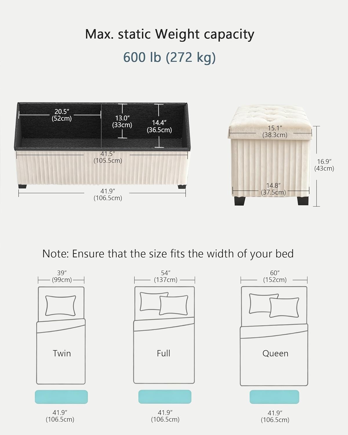 Storage Ottoman Bench, 43 Inch Foldable Ottoman with Legs, Velvet Foot Rest Stool, End of Bed Bench, Storage Chest for Living Room, Bedroom (Beige)