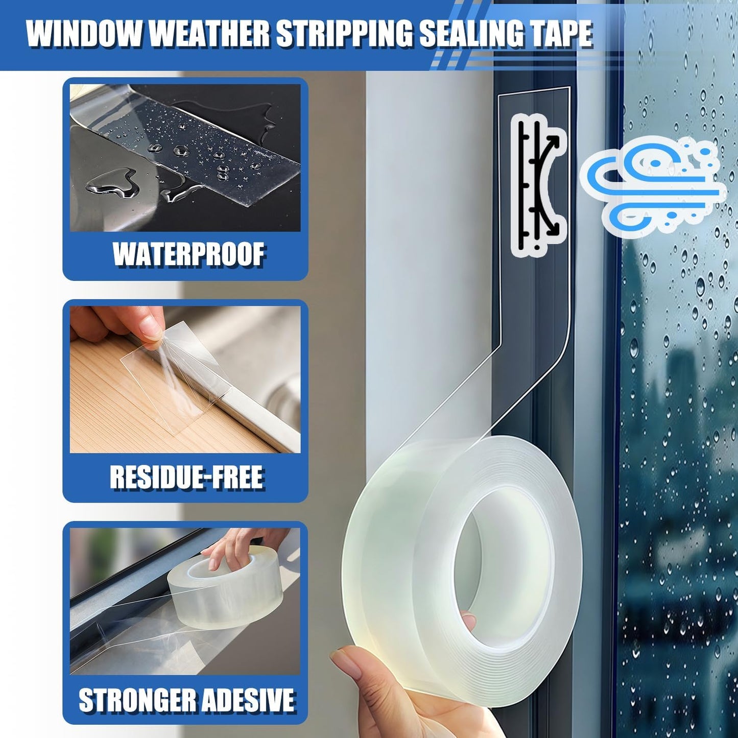 Window Weather Sealing Tape 3 in x 66 FT Weather Stripping Weatherproof Draft Stopper Clear Window Insulation Tape for Doors Windows Garages RVs Energy Saving Kit