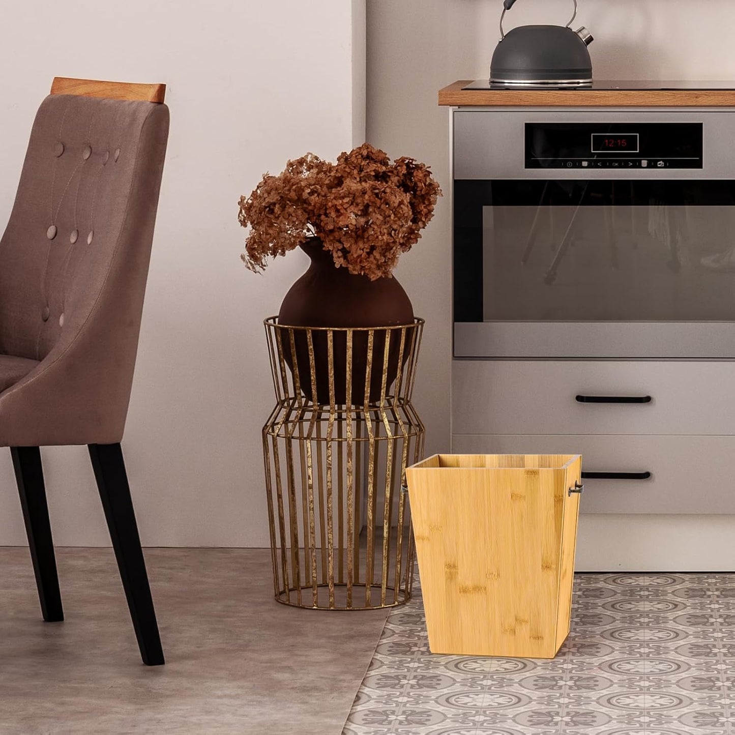 SEHERTIWY Wood Trash Can, Farmhouse Wastebasket Bin for Bathroom, Office, Bedroom, Living Room, Small Square Rustic Garbage Container with Metal Handle (Wood-Black-Handle)