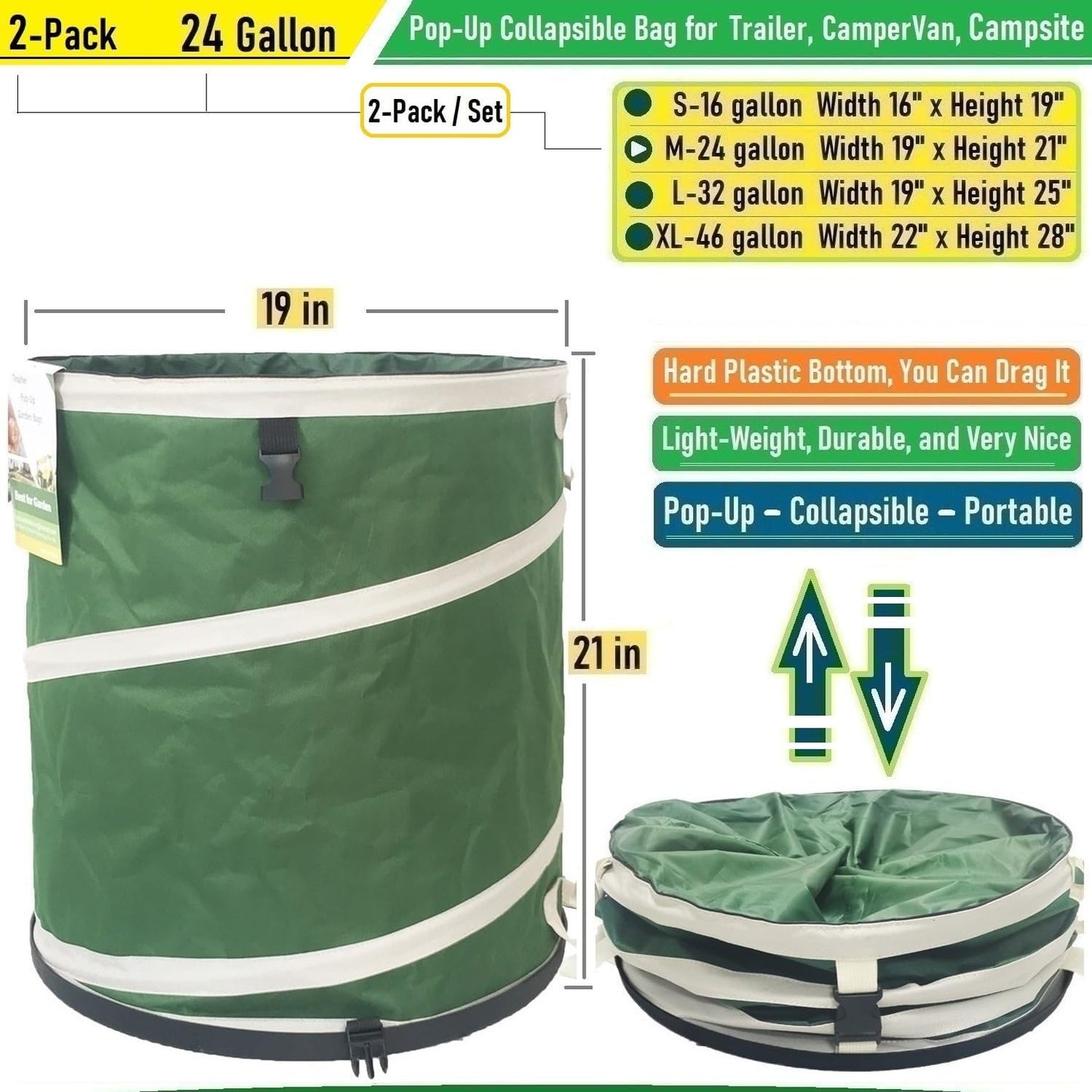 2-Pack 24 Gallon Collapsible Trash Can (19x21 in) Solid Bottom for Pop-Up Trash Can,Recycling Bin,Camping Waste Bin,Laundry Hamper,Yard Waste Bag,Yard Debris Bag,Lawn Grass,Garden Weeds Bags,Leaf Bags