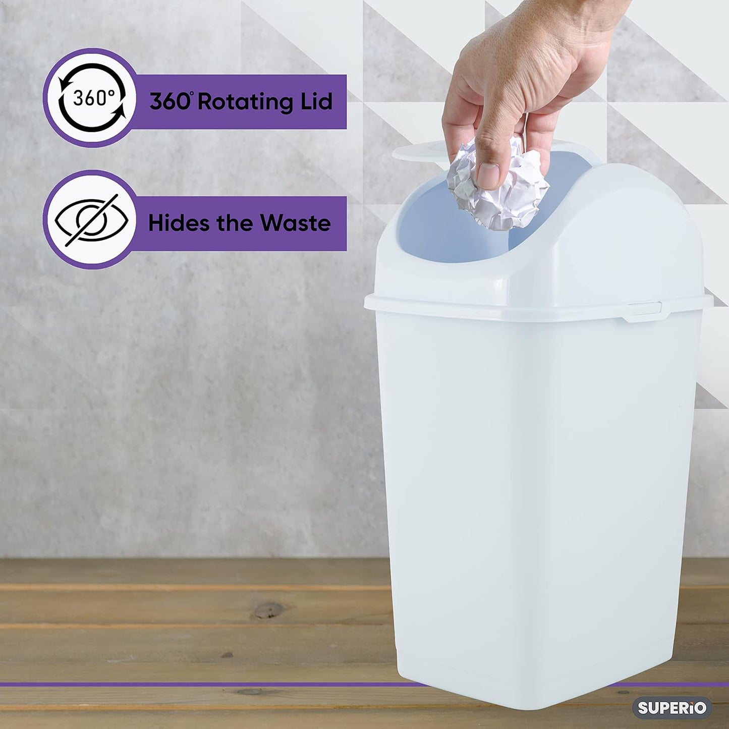 Superio Small Plastic Trash Can with Swing Top Lid, Compact Slim Waste Bin for Under Desk, Office, Bedroom, Bathroom, Dorm Room, 10 Qt. Portable Garbage Can 2.5 Gallon (White, 2 Pack)