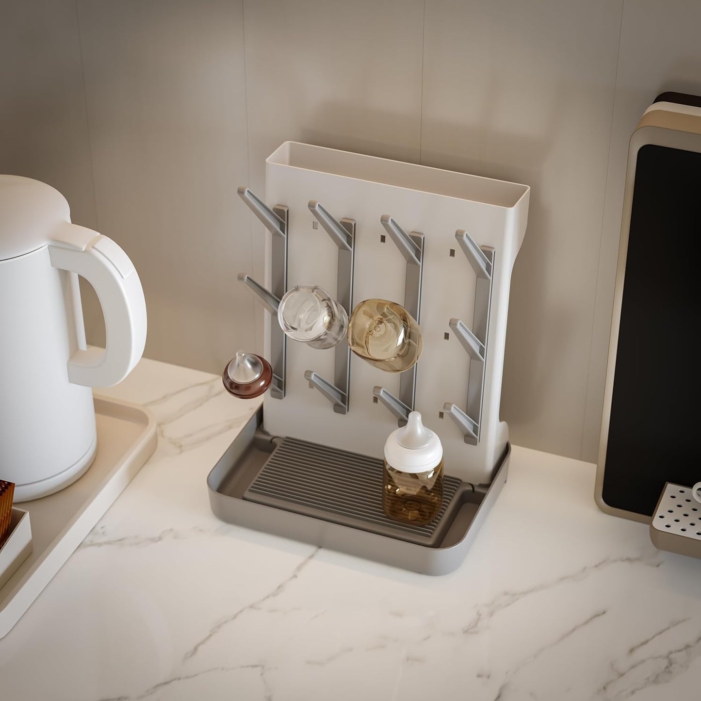 IEEK Baby Bottle Drying Rack,Large Vertical Drying Tower Bottle Rack Holder Space Saving Standing Drying Rack for Countertop-Holds 12 Baby Bottles and Cup,Etachable Travel Bottle Rack,Grey and White