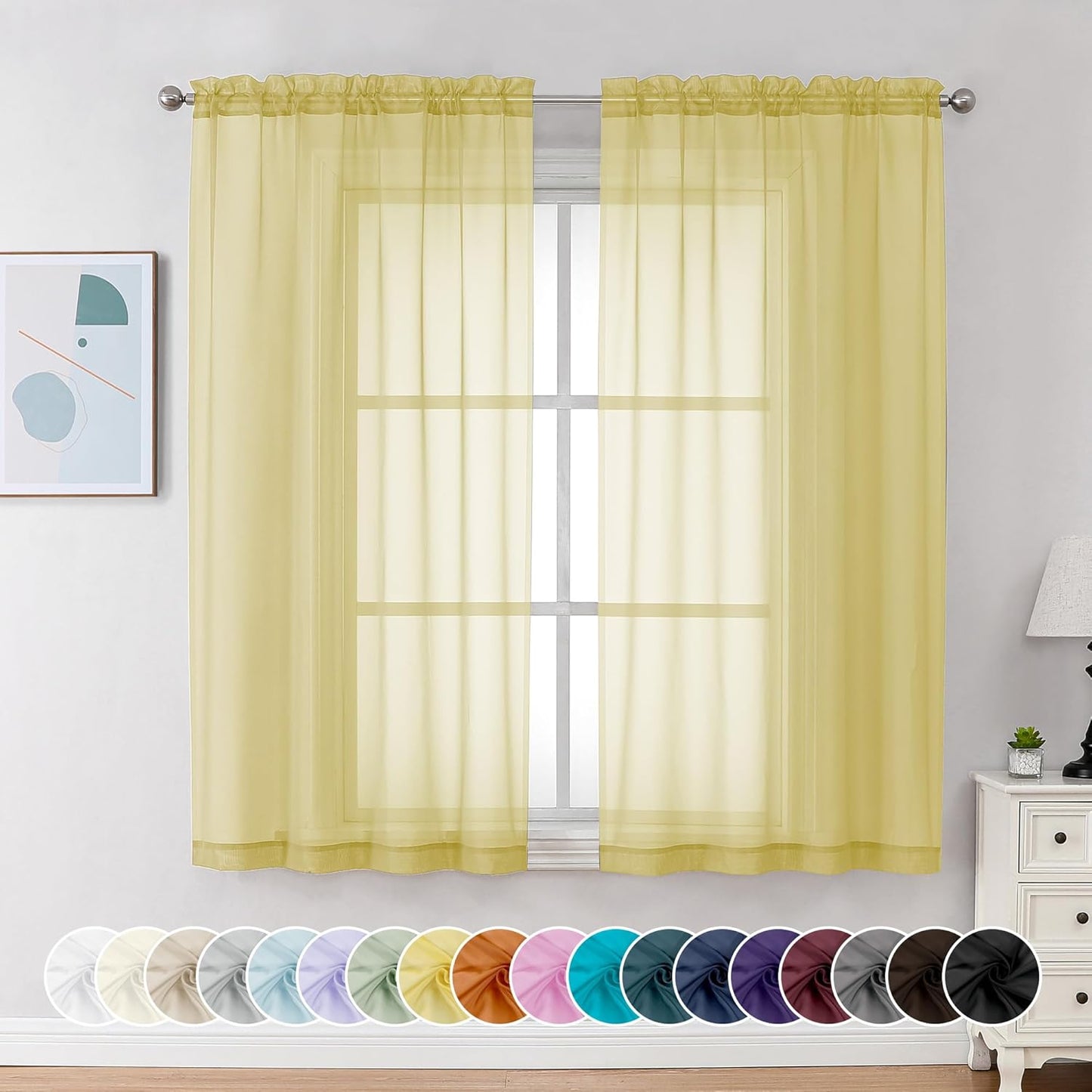 Chyhomenyc Yellow Sheer Curtains 54 Inch Long 2 Panels, Light Filtering Rod Pocket Voile Short Curtains Drapes for Living Room Bedroom Small Windows, 42Wx45L Inches