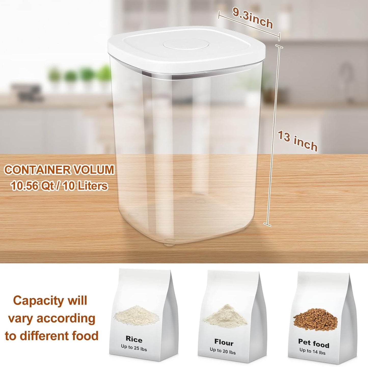 Airtight Rice Container 25 Lbs, Clear PET Plastic Food Storage Container Bin For Flour Sugar, Dry Food Holder with Easy Locking Lid for Kitchen Pantry Organization and Storage