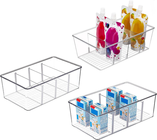 Pantry Organizers and Storage,Kitchen Organizers and Storage for Fridge,Drawer and Refrigerator - Spice Organization for Cabinet,Clear Plastic Stackable Storage Organizer Bins with 3 Dividers (3 Pcs)