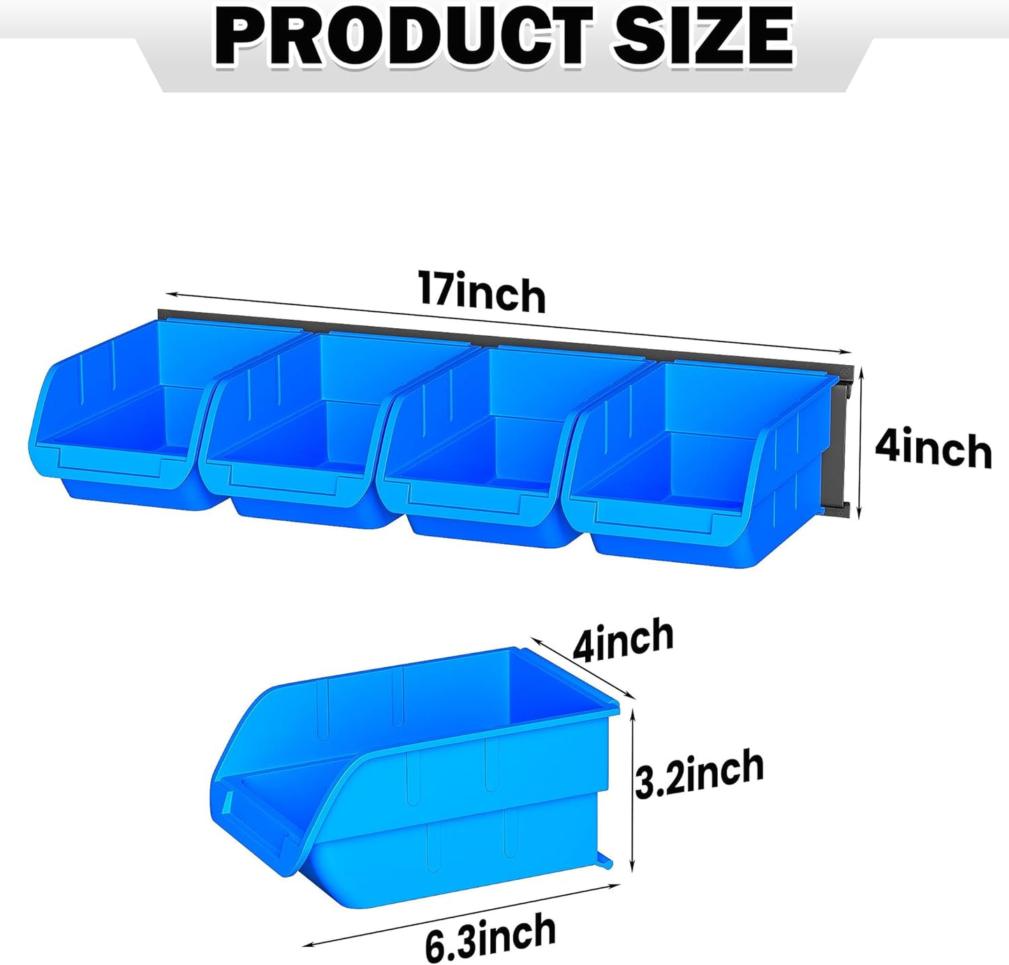 Ultrawall Wall Mounted Storage Bins, Plastic Hanging Storage Organizer Bins, Garage Tool Storage System for Screws, Nuts, Bolts, Nails, and Small Hardware Parts, 16x bins & 4 x rails, Blue