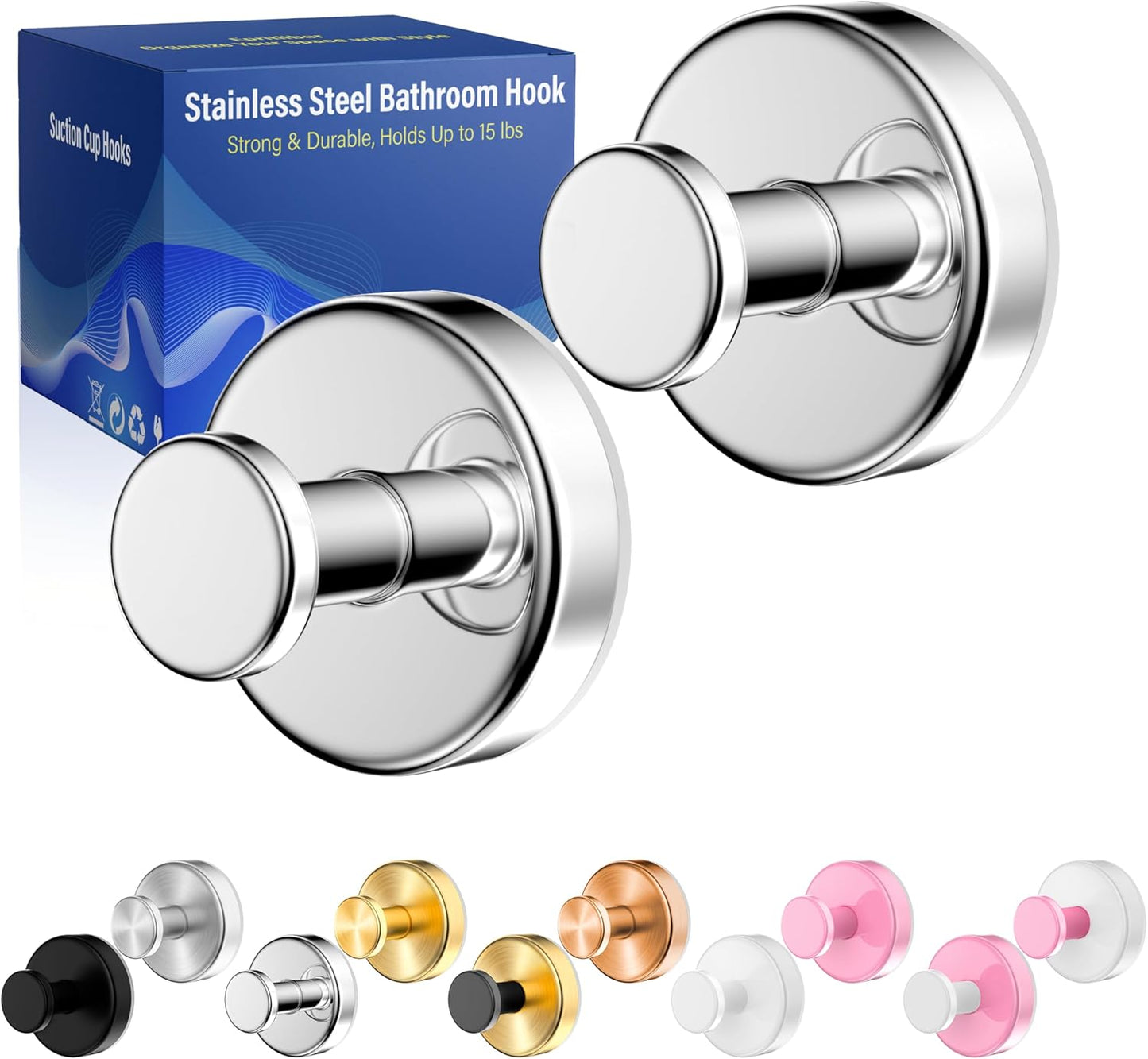 Suction Cup Hooks for Shower,Removable No Drill Towel Hooks,Upgraded 15 lbs Strong Suction hooks for Bathroom Tile,Shower Wall,Glass Door,Kitchen-Loofah,Coat,Stainless Waterproof-Chrome 2 Pcs