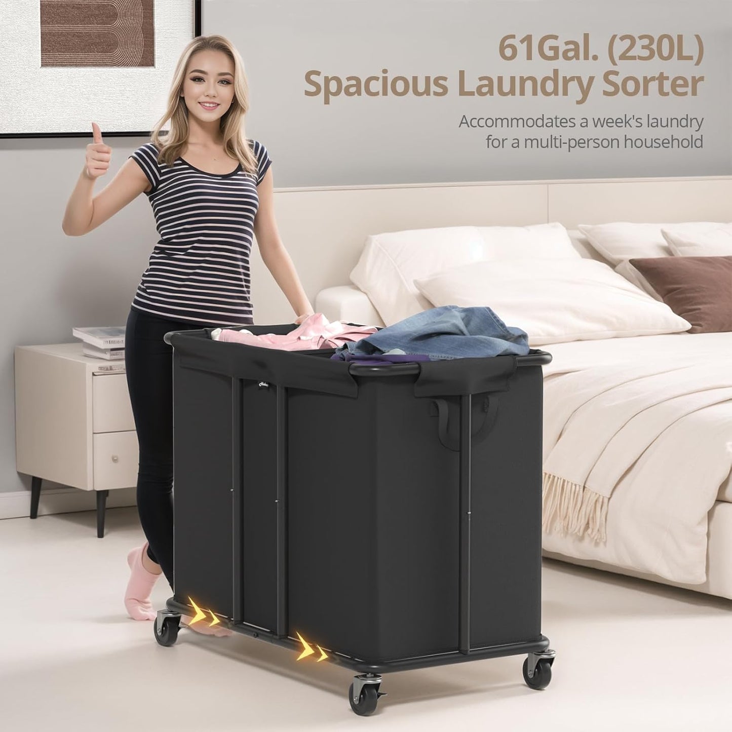 Laundry Hamper with Wheels, 2-Section 230L (61Gal) Large Capacity, Heavy-Duty Rolling Clothes Basket with Silent Rubber Casters & Detachable Oxford Bags for Home, Black, 31.5"Lx15.75W"x30.7"H