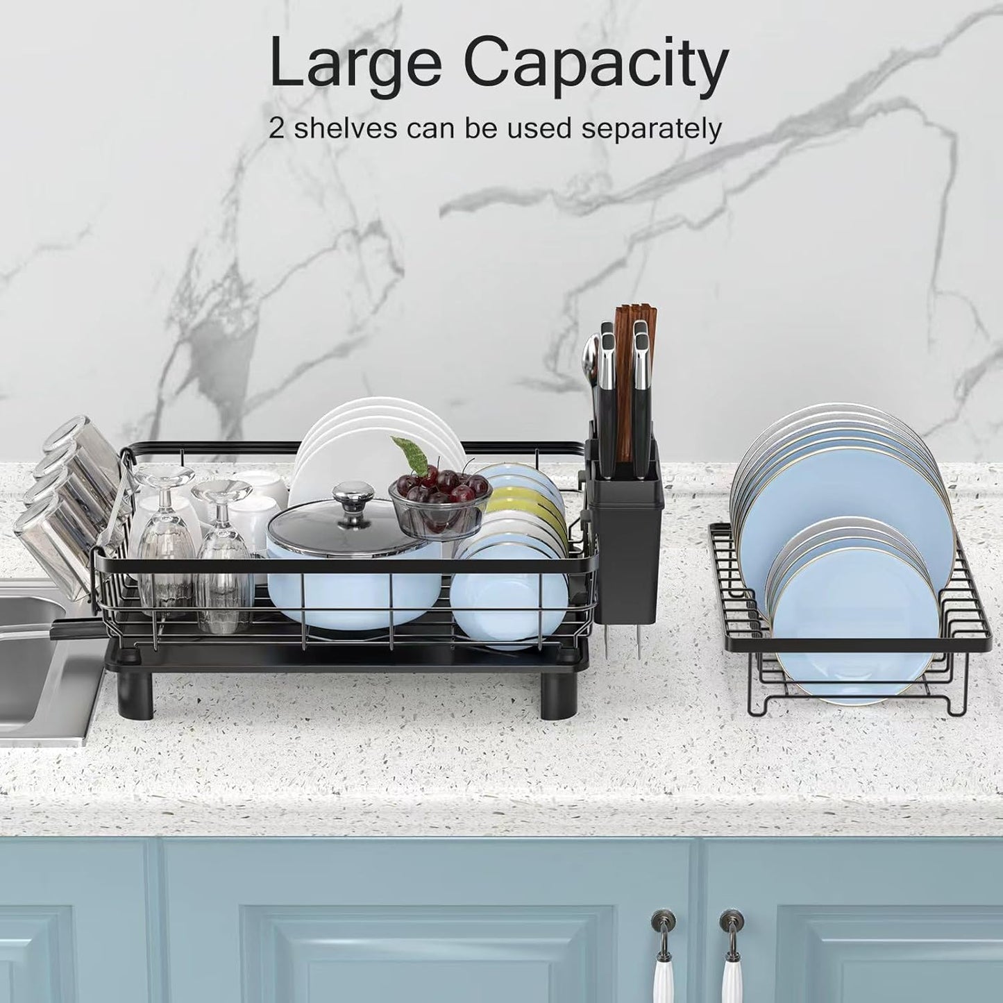 Dish Drying Rack, Space Saving & Durable, Rust-Proof Large 2 Tier Stainless Steel Dish Racks for Kitchen Counter with Cutlery & Cup Holder & Drainboard