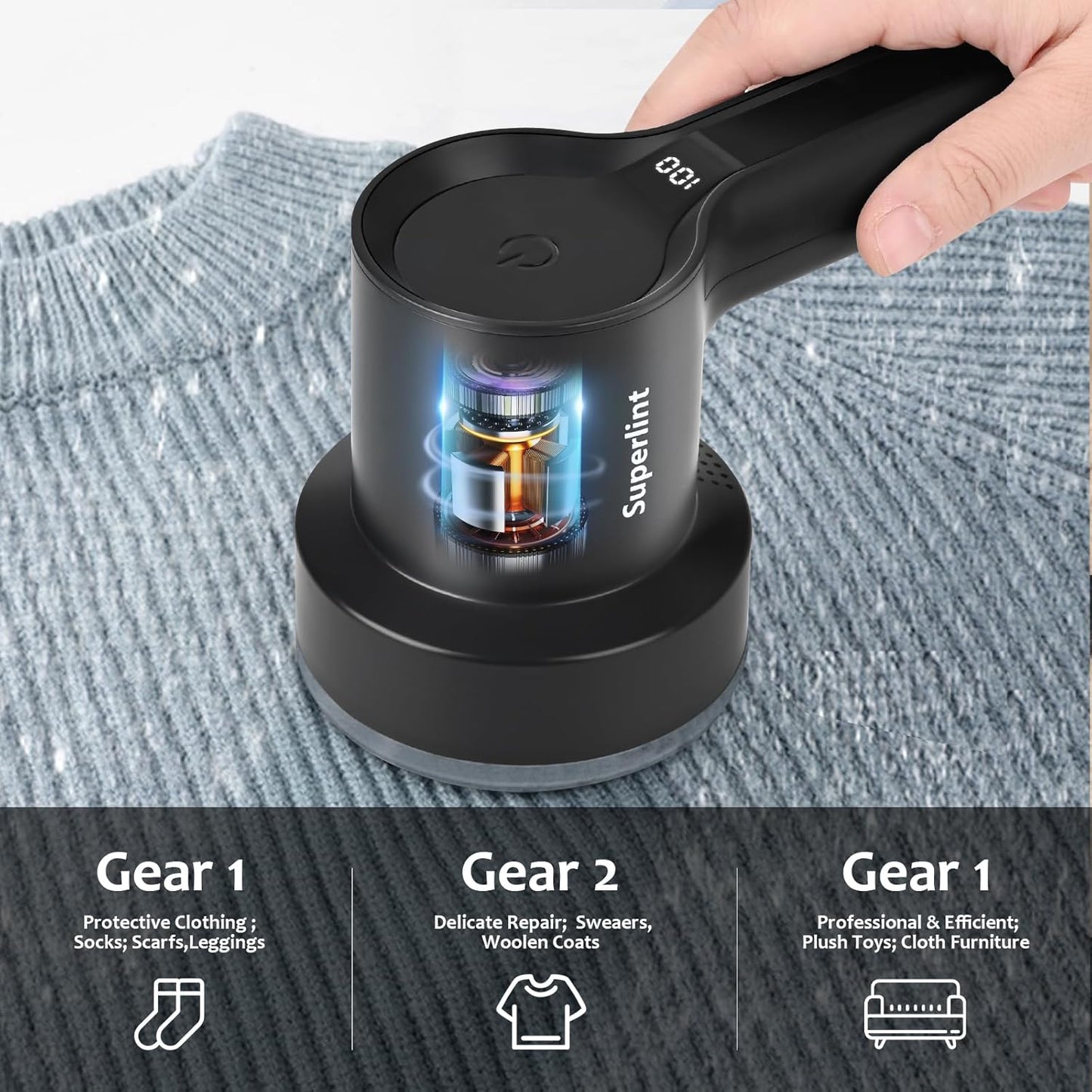 SUPER LINT Electric Fabric Shaver Electrostatic Brush, LED Display, 3-Speeds, Rechargeable Sweater Shavers to Remove Pilling for Clothing, Couch, Furniture, Black