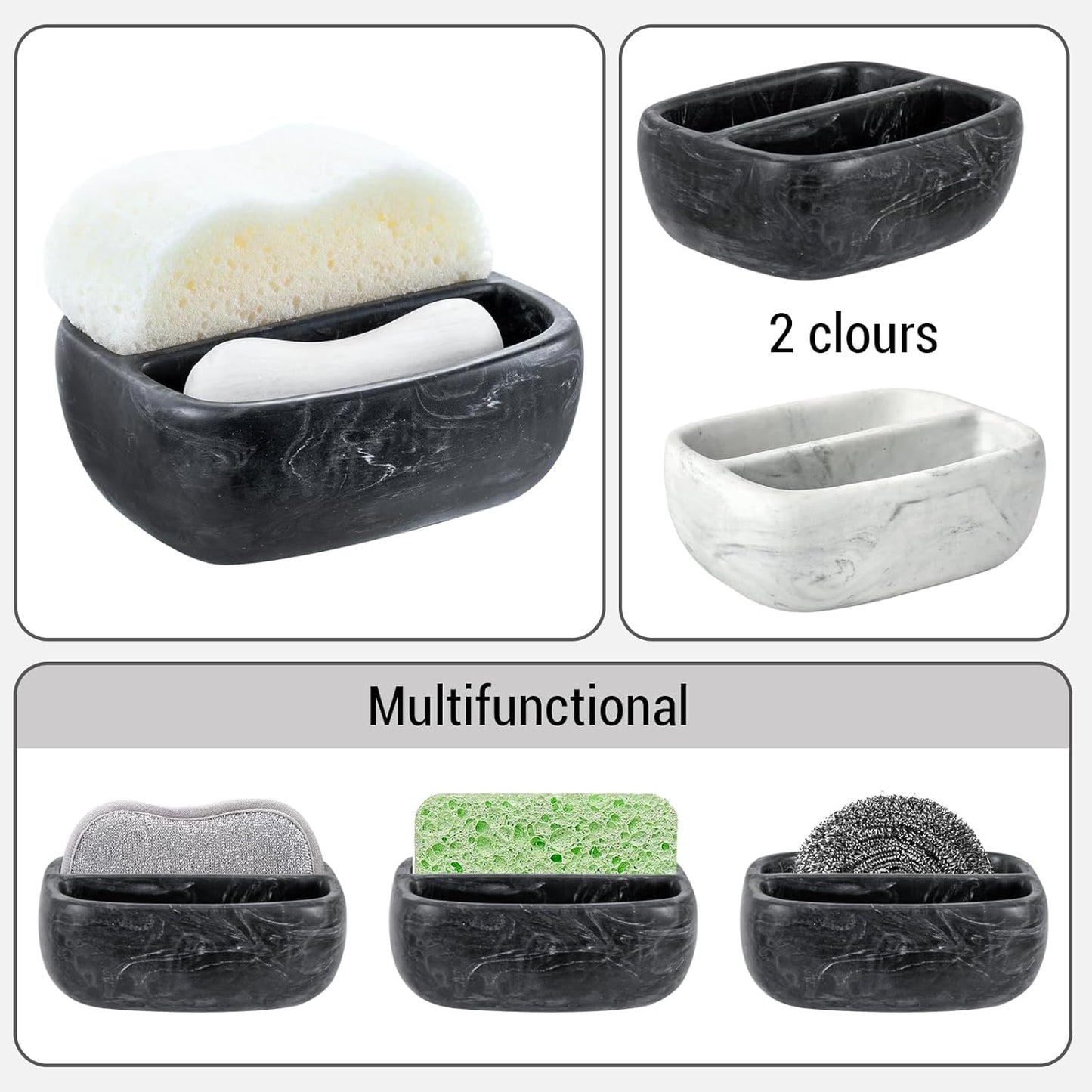 MyGift Modern Black Resin Double Sponge Holder with Realistic Marble Pattern for Kitchen Sink Countertop, Dish Cleaning Sponges or Scrubbing Pads Bowl with 2 Compartments