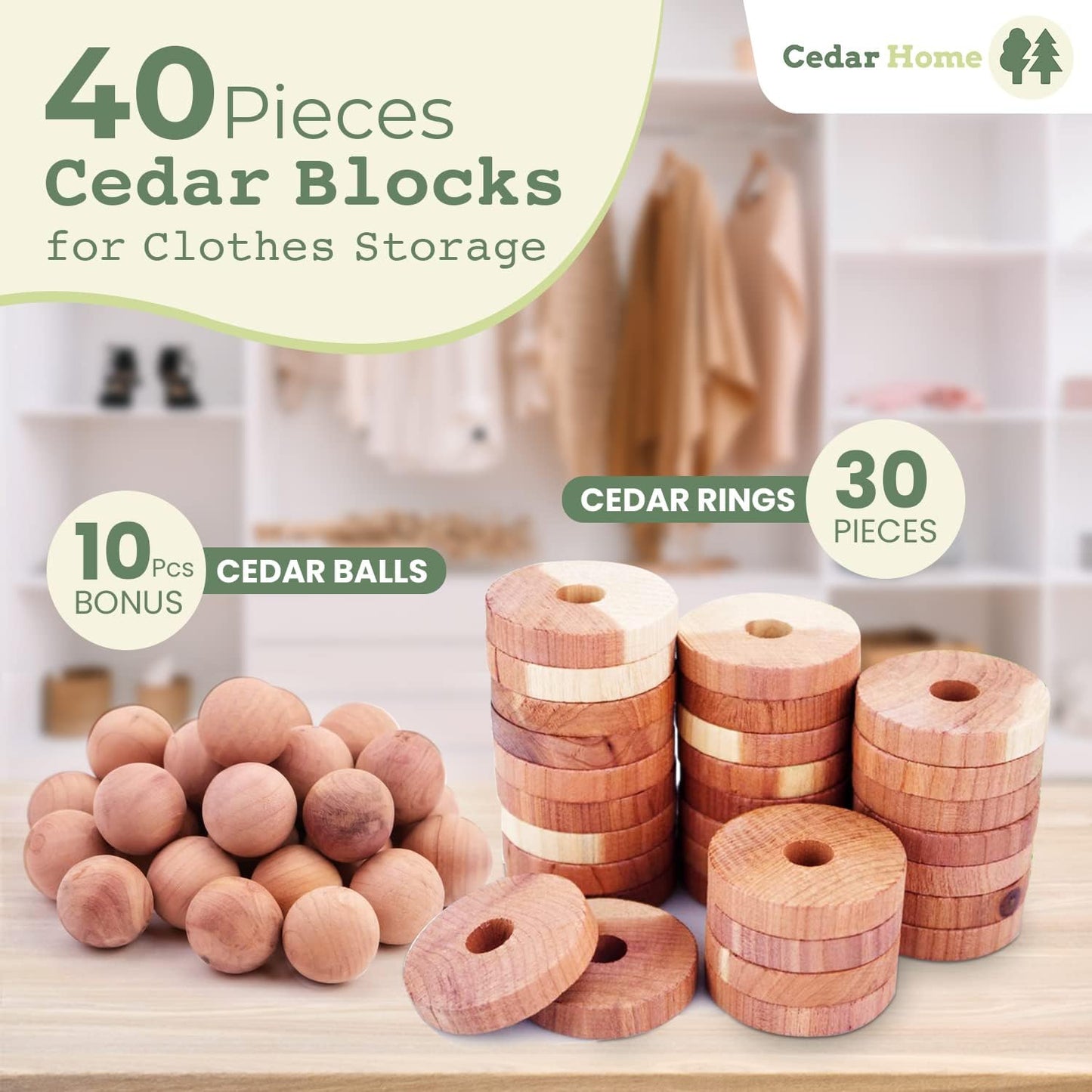 Cedar Blocks for Clothes Storage | Cedar Balls & Rings | Dresser Drawer Freshener Odor Eliminator | 40 Pieces, 30 Rings & Bonus 10 Balls, U.S.A Seller