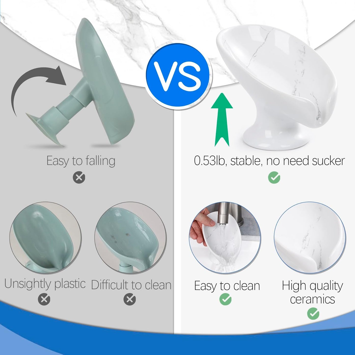 Soap Dish, Self Draining Bar Soap Holder for Bathroom Sink, Leaf Shaped Drainage Ceramic Marble Porcelain Decorative Soap Dish, No Suction Cup, ANTIS'S HOME