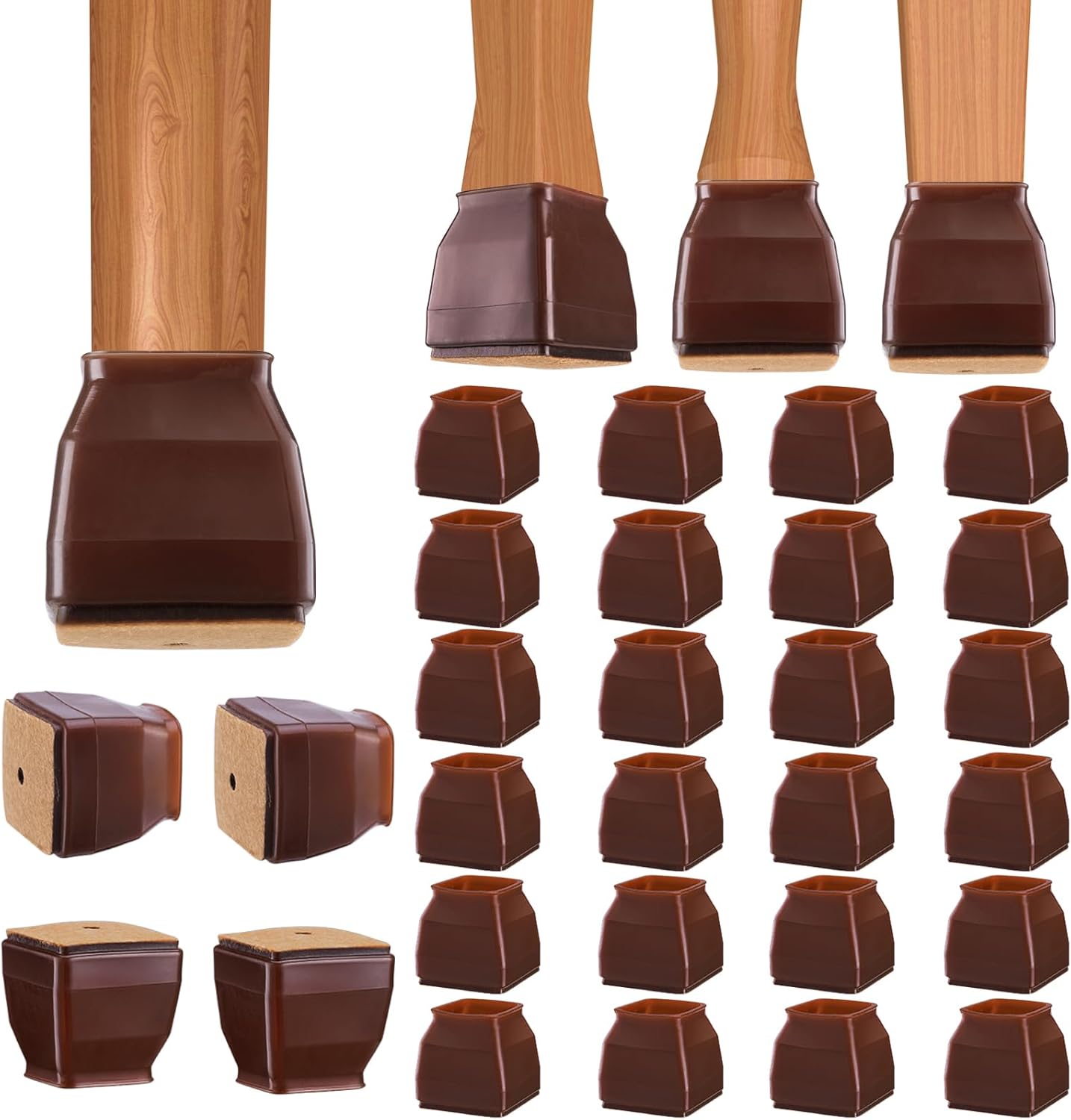 BALEINE 24 Pack Silicone Chair Leg Floor Protectors, Stool Leg Protectors Cap, Non-Slip Chair Leg Caps for Hardwood Floors (Brown & Large (Square), 24 Pack)