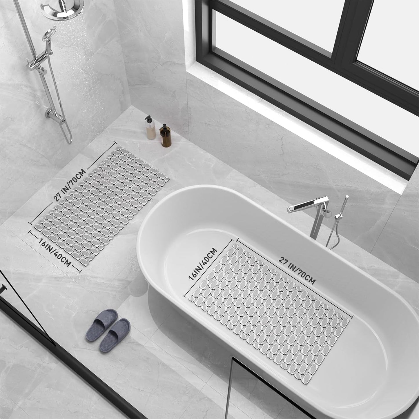 Shower Mat Non Slip Bathtub Mat - 27 x 16 Inch Eco-Friendly Soft Bath Mat for Tub Non Slip Shower Mats for Inside Shower with Suction Cups and Drain Holes, Easy to Clean Quick-Drying, Grey