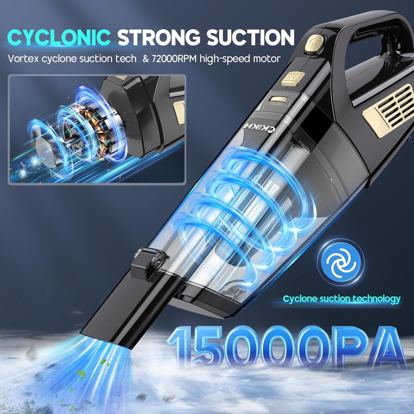 Handheld Vacuum Cordless, 15000PA Strong Suction Hand Held Car Vacuum Cleaner Portable with Multi-Nozzles & Washable Filter, Lightweight Dust Busters Rechargeable for Home, Car, Office, Pets