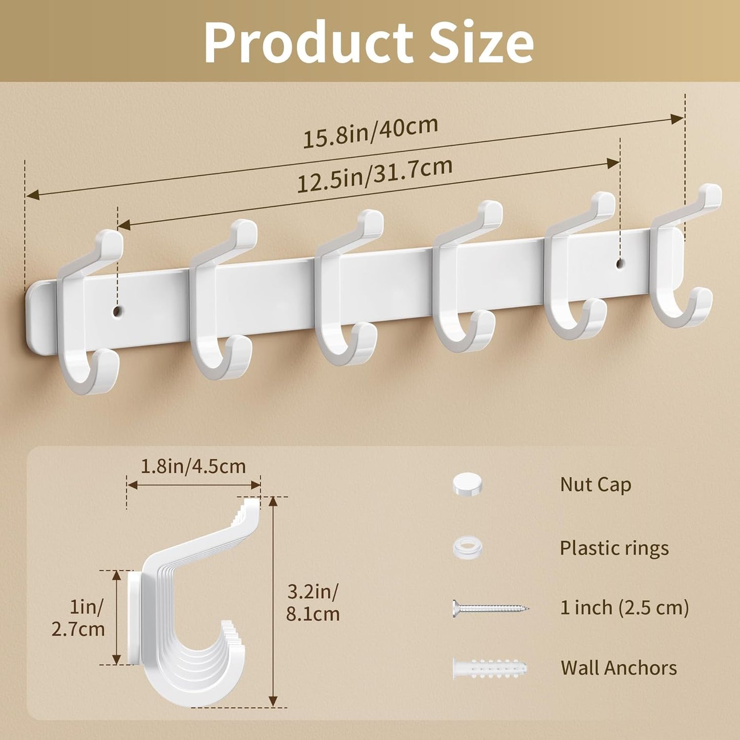 Coat Rack Wall Mounted Heavy-Duty: Metal Coat Hanger 6 Hooks for Hanging Hat, Clothes, Robe, Keys, Backpack, Bathroom Towels, Jacket, Purse - Closet, Door, Entryway, Mudroom (White, 1 Pack)