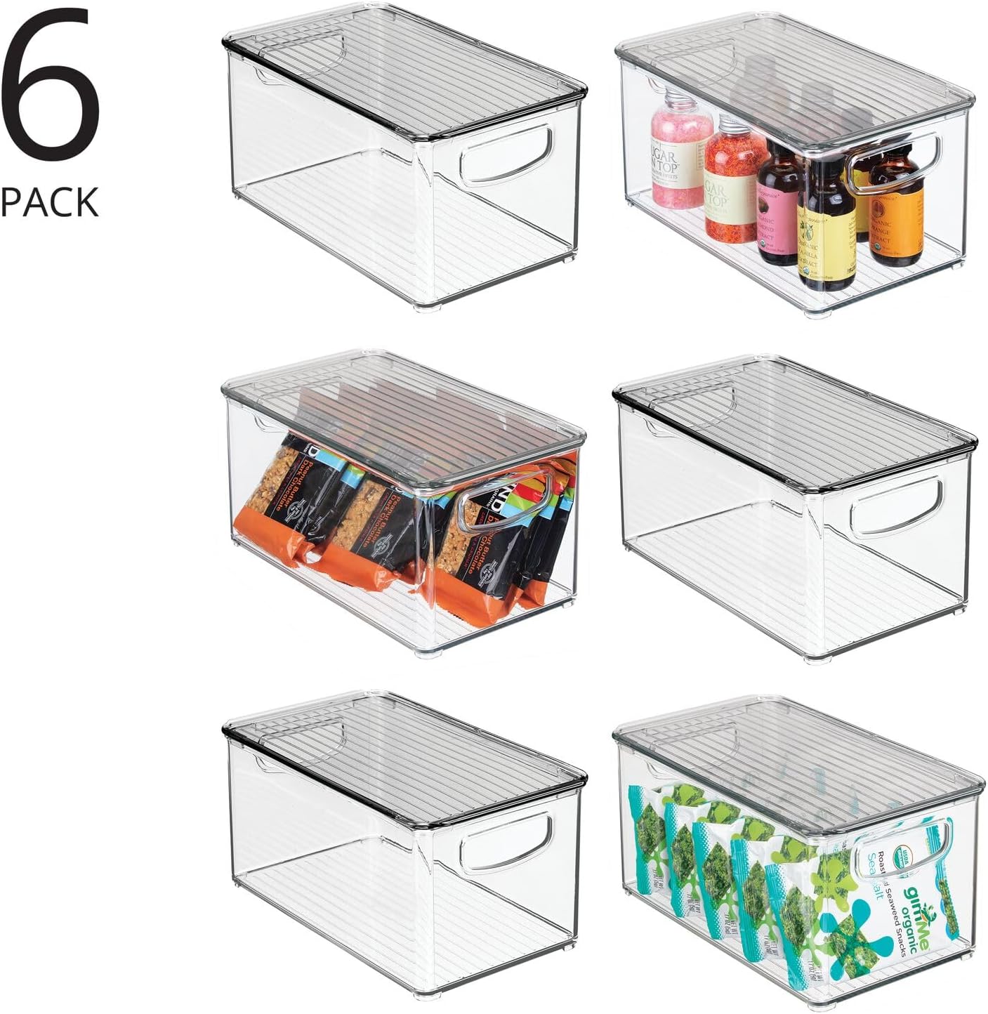 mDesign Plastic Deep Storage Bin Box Container with Lid and Built-In Handles - Organization for Fruit, Snacks, or Food in Kitchen Pantry, Cabinet, Cupboard, Ligne Collection, 6 Pack, Clear/Smoke Gray