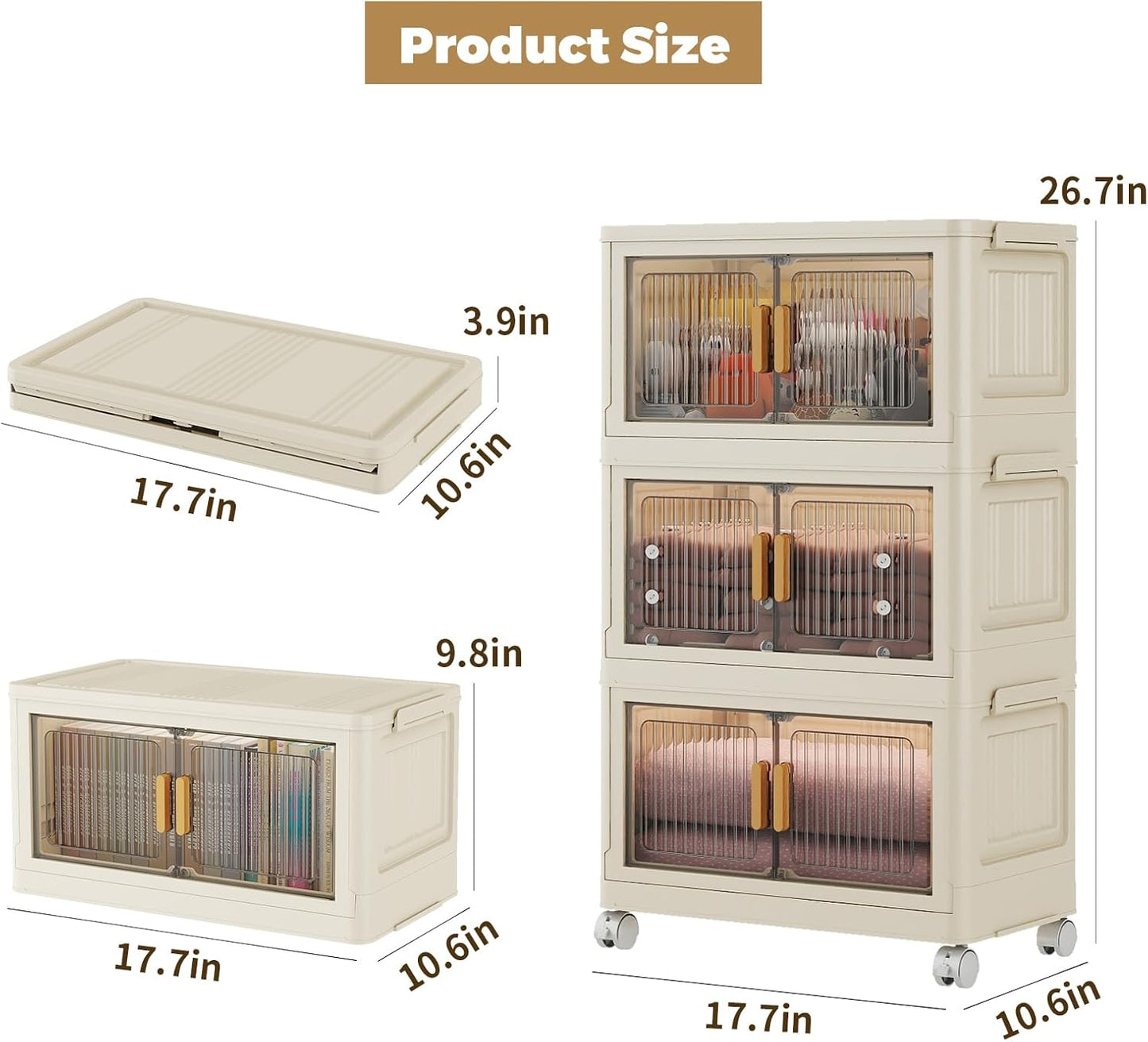 3 Tier Stackable Plastic Storage Bins with Lids 28QT, Collapsible Closet Organizers and Storage with Wheels for Living Room,Office,Dorm