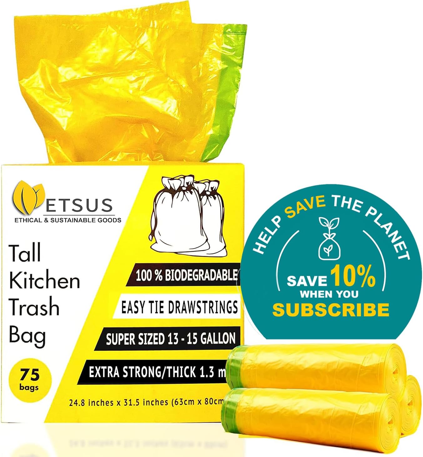13 Gallon Biodegradable Trash Bags with Drawstrings, 75 Count Plant Based, Code Q Tall Kitchen Compost Bags 50 Liter Bin - Green Garbage Liners - 1.3 mil Thick Heavy Duty and Eco Friendly Trash Bags