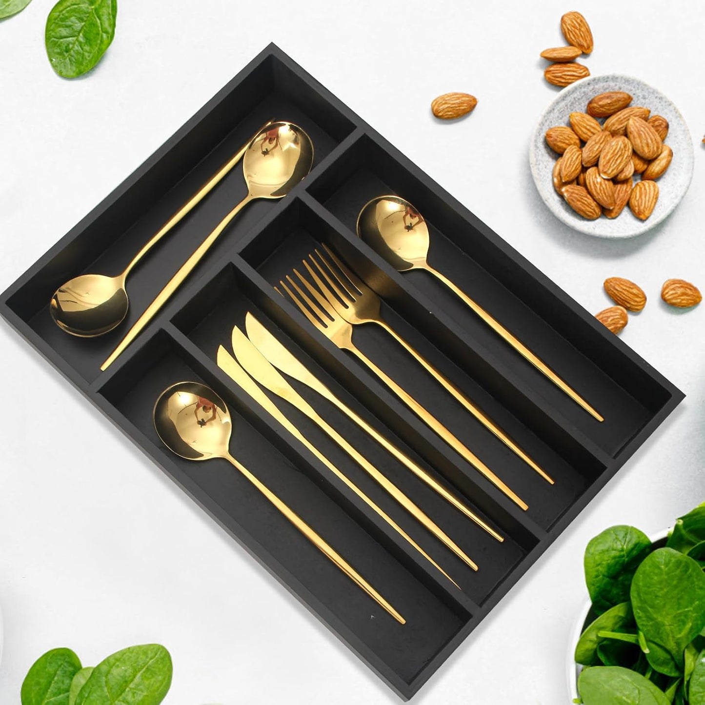 Small Silverware Organizer Utensil Tray 13"x9" Kitchen Drawer Organizers and Storage Wooden Utensil Holder Drawers Divider Narrow Black Cutlery Tray for Spoon Forks Bamboo Flatware Cutlery Organizer