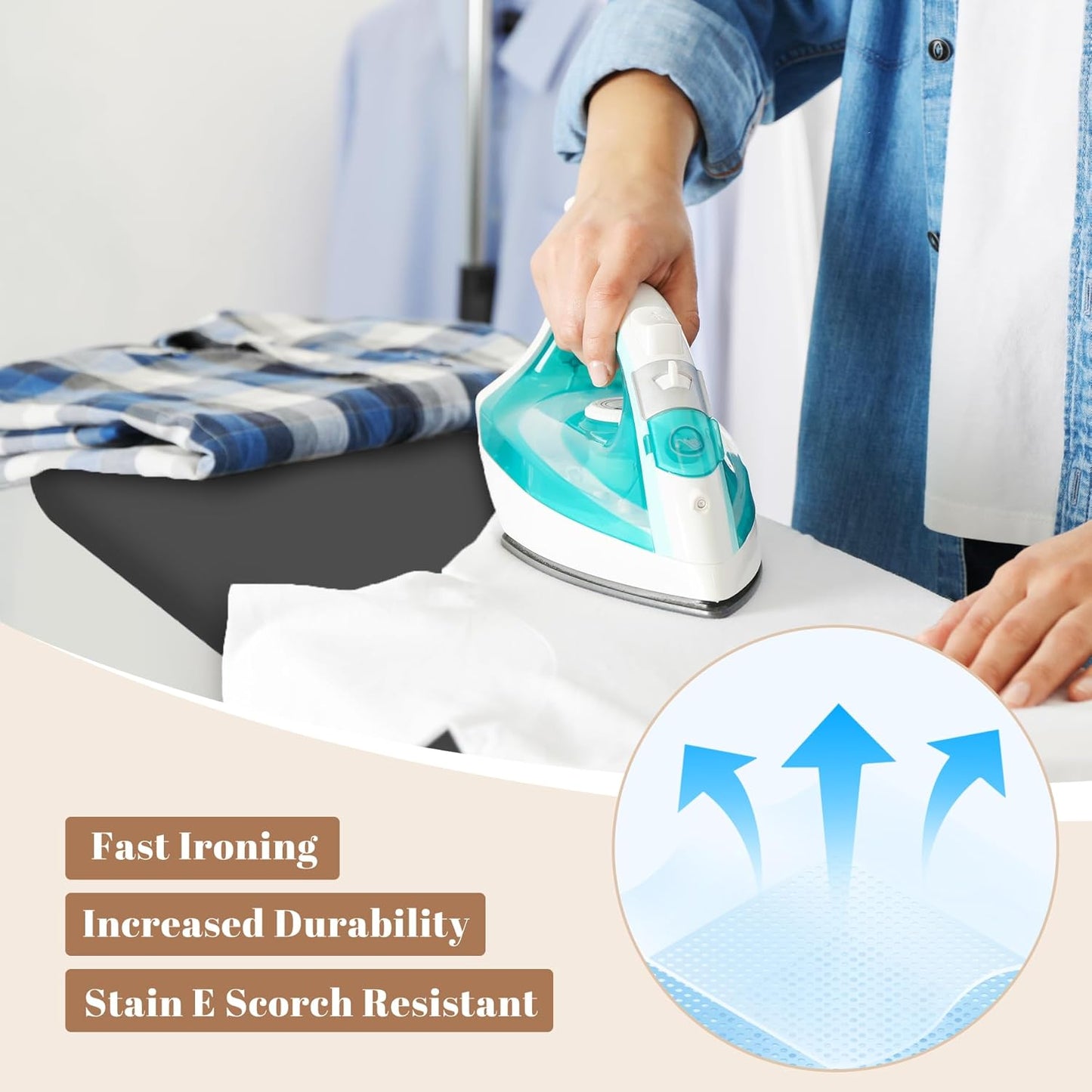 Ironing Board, Compact and Space Saver,Size 13 x 43, Metal Construction Ironing Board with Extra Thick Heavy Duty Padded, Stable Structure,Skid Feet, Heavy Duty Steel Legs,Black