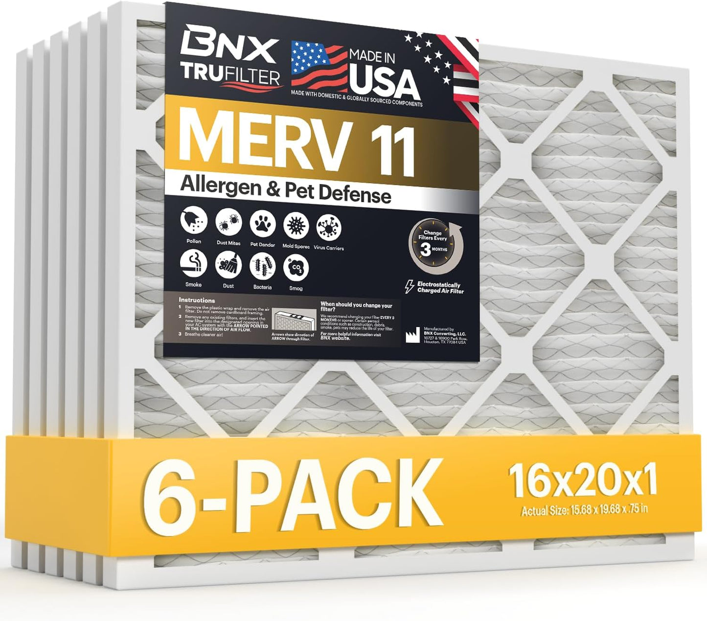 BNX TruFilter 16x20x1 Air Filter MERV 11 (6-Pack) - MADE IN USA - Allergen Defense Electrostatic Pleated Air Conditioner HVAC AC Furnace Filters for Allergies, Dust, Pet, Smoke, Allergy MPR 1200 FPR 7