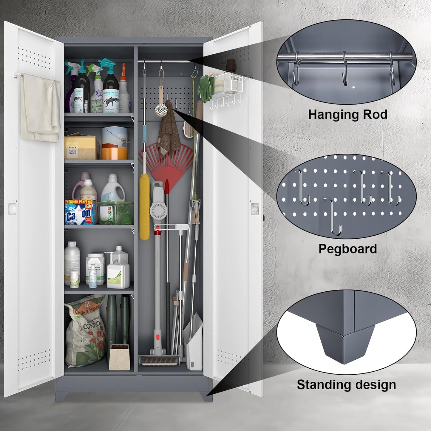 Broom Storage Cabinet, Metal Cabinet with Shelves and Hanging Rod, 72.8" Utility Cabinets with Locking Door, Tall Cleaning Storage for Kitchen, Pantry, Office, Shop, Garage