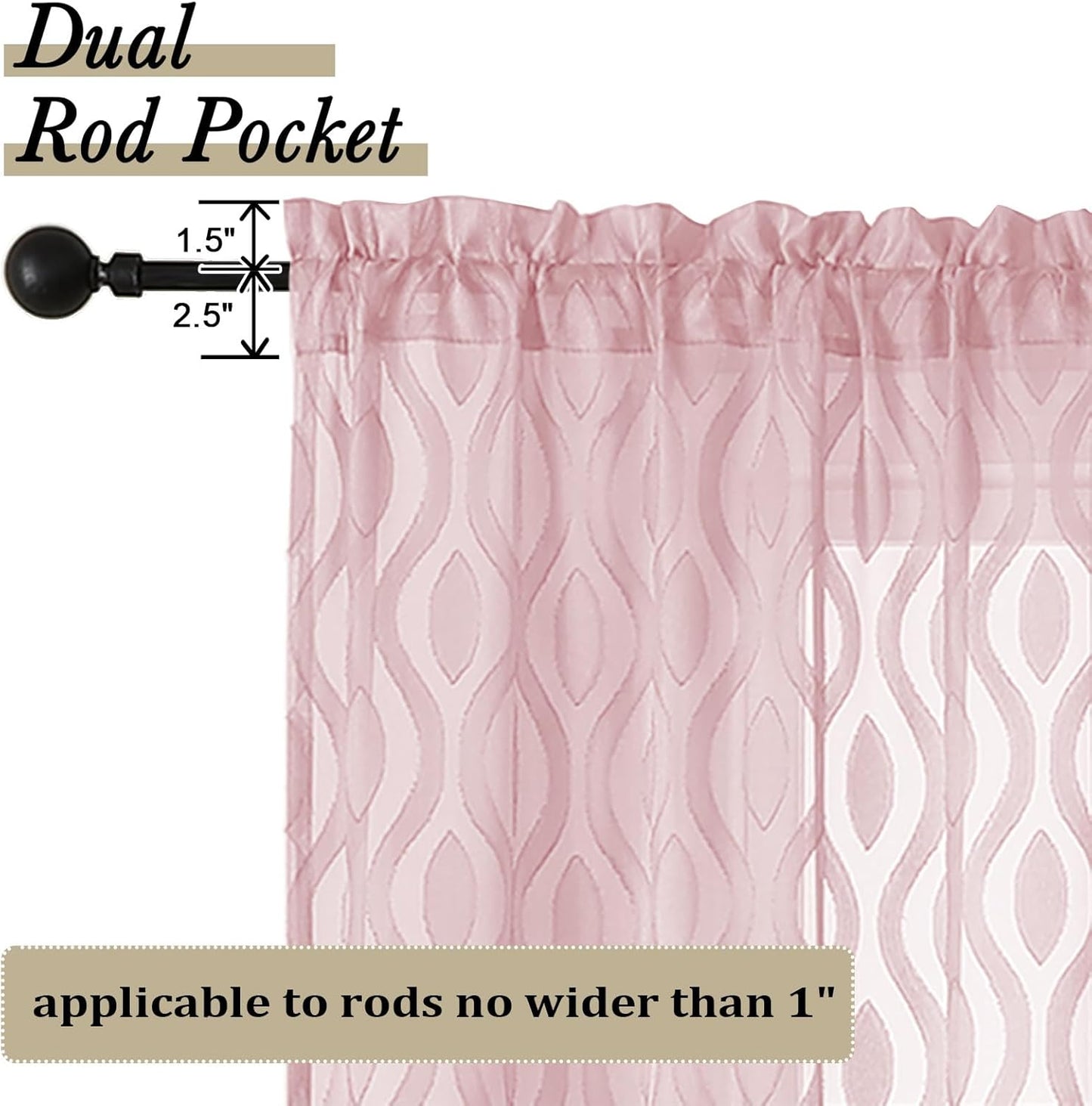 Aiyufeng Blush Pink Curtains Tiers 36 Inch Length 2 Panels Set, Airy Lightweight Clip Jacquard Window Curtians, Modern Wavy Line Textured Voile Sheer Curtains for Small Windows, 40" Wx36 L Inch