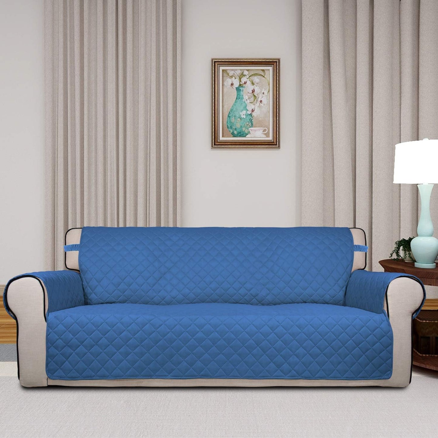 PureFit Reversible Quilted Sofa Cover, Water Resistant Slipcover Furniture Protector, Washable Couch Cover with Non Slip and Elastic Straps for Kids, Dogs, Pets (Sofa, Blue/Ivory)