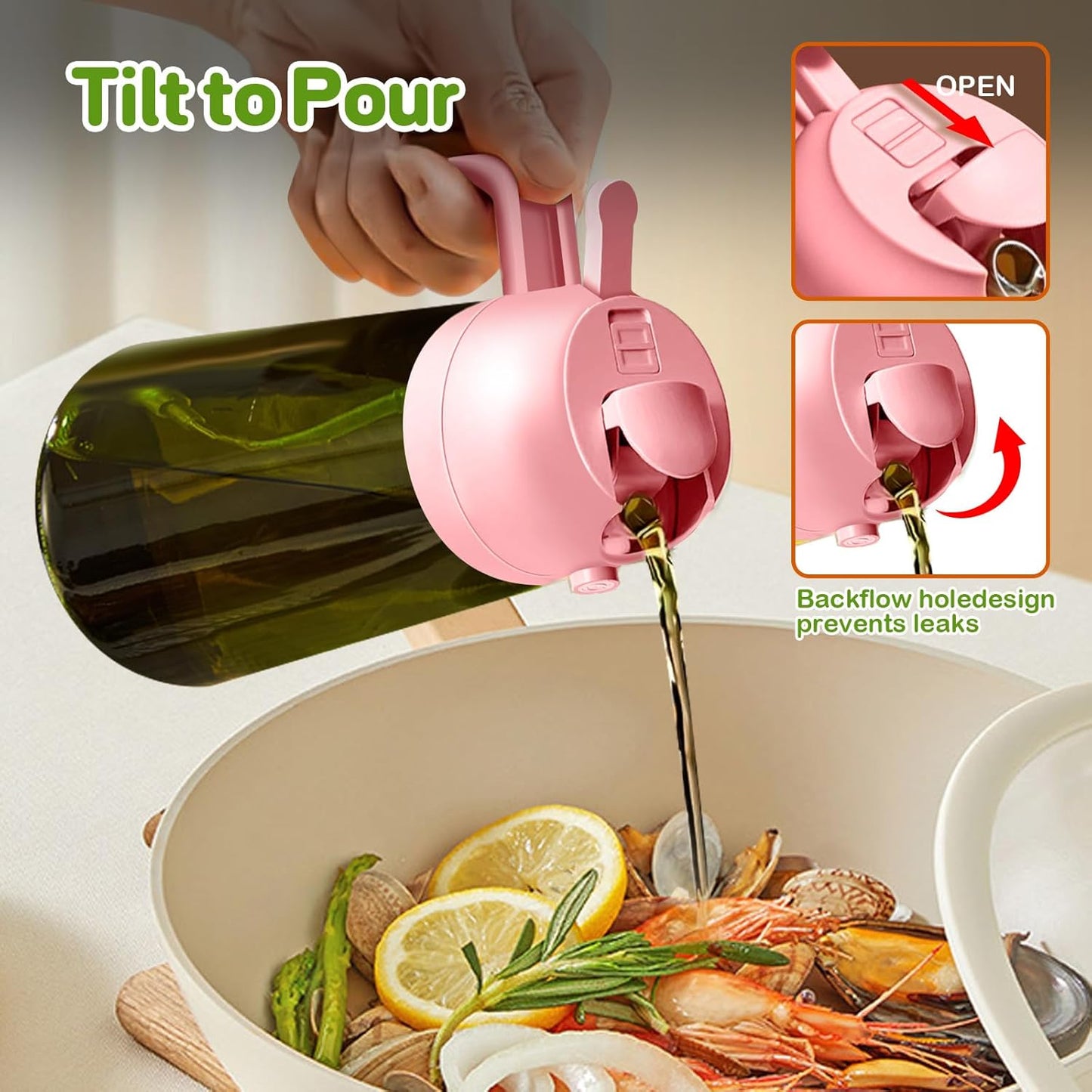 YARRAMATE 16oz/470ml Dark Green Oil Sprayer for Cooking with Stickers, Food-grade Premium 2 in 1 Olive Oil Dispenser Bottle for Kitchen Gadgets, Air Fryer, Salad, Frying, BBQ (Pink)